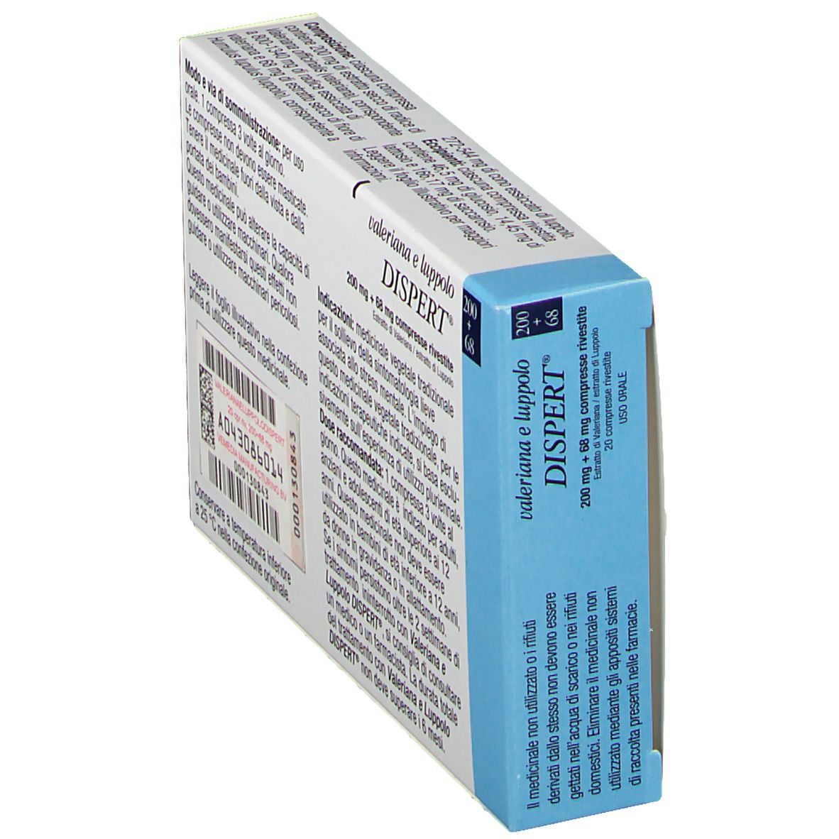 Scatola di Valeriana e luppolo DISPERT®. Scritto: 200 mg + 68 mg compresse rivestite. Logo Vemedia.