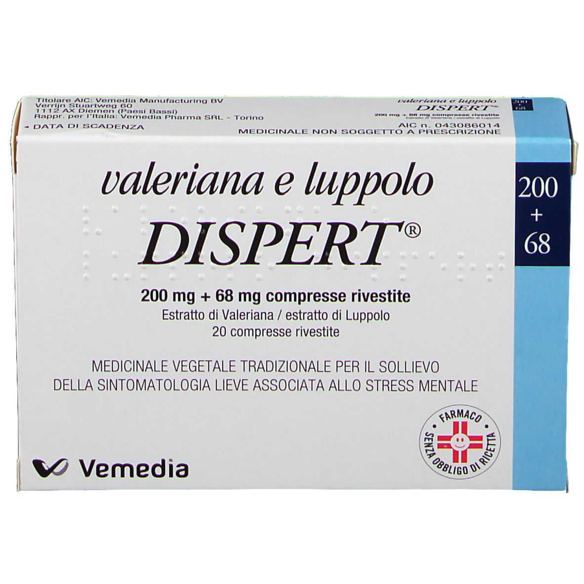 Retro della scatola Valeriana e luppolo DISPERT®. Testo e loghi.