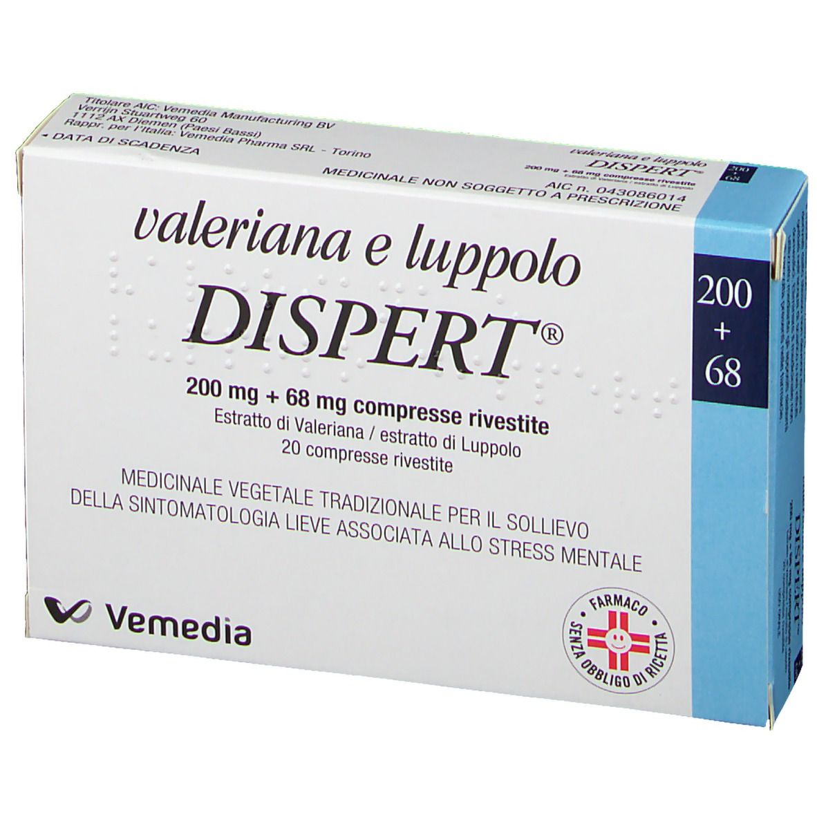 Scatola di Valeriana e luppolo DISPERT®. Scritto: 200 mg + 68 mg compresse rivestite. Logo Vemedia.