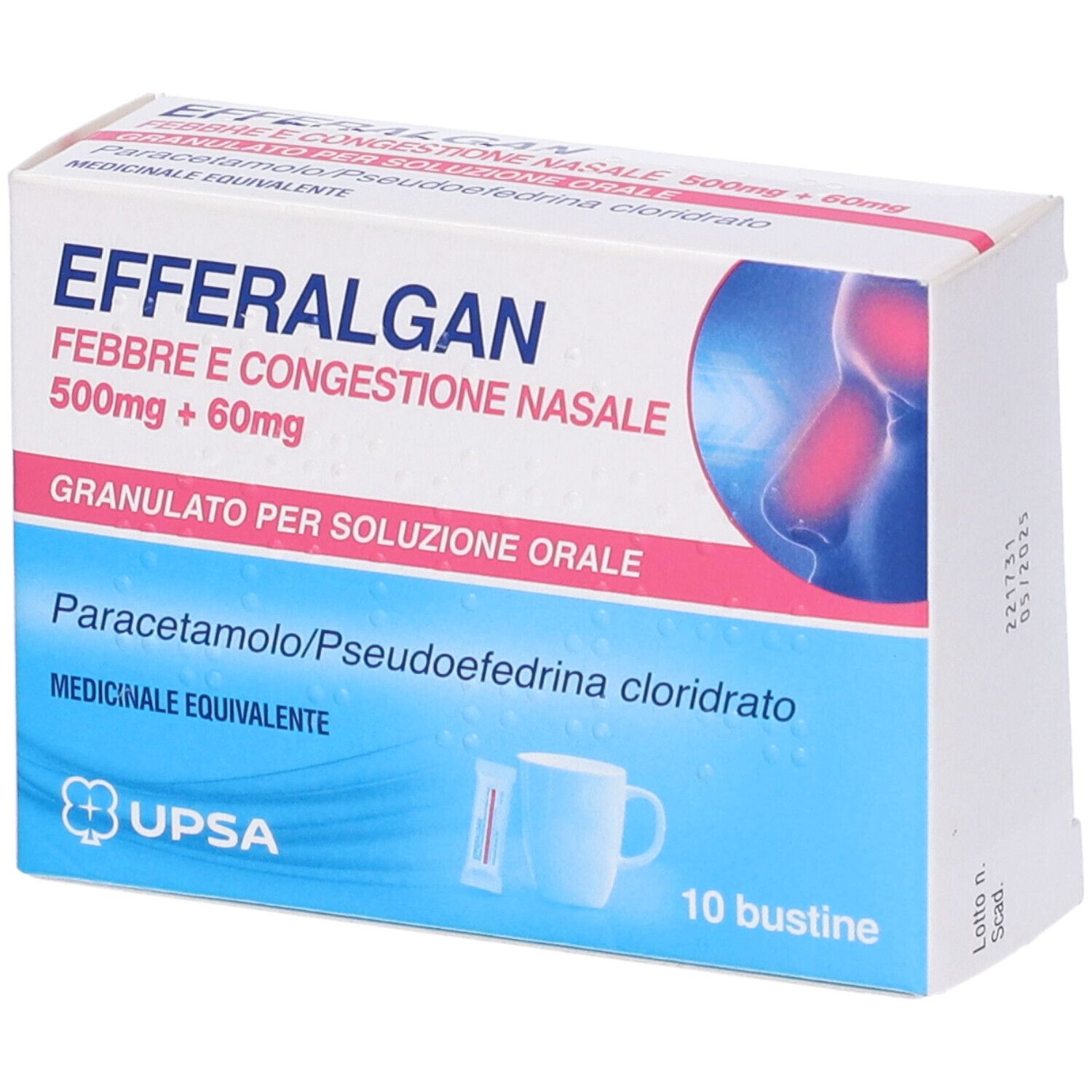 Scatola di farmaco. Scritto: EFFERALGAN FEBBRE E CONGESTIONE NASALE 500mg + 60mg. 10 bustine.