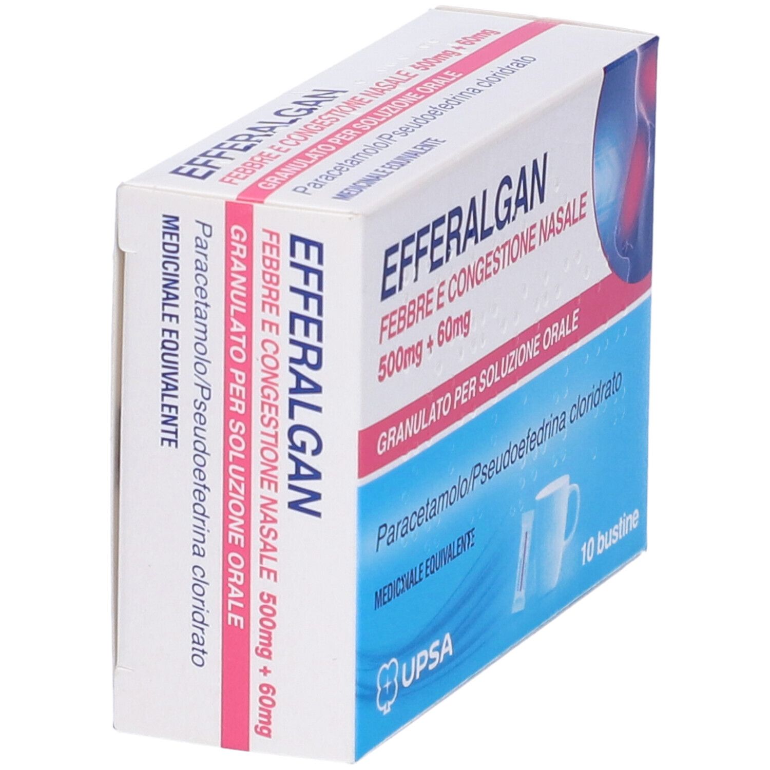 Scatola di farmaco. Scritto: EFFERALGAN FEBBRE E CONGESTIONE NASALE 500mg + 60mg. 10 bustine.