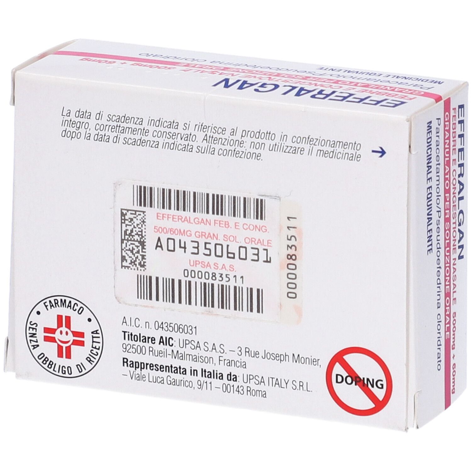 Retro della scatola del farmaco. Informazioni e loghi. Scritto: EFFERALGAN 500/60mg Gran. Sol. Orale.