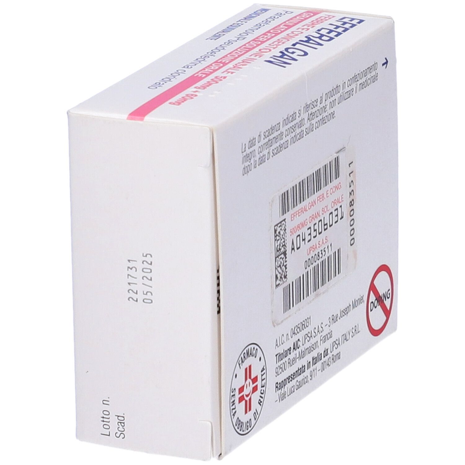 Vista laterale della scatola del farmaco. Informazioni e loghi. Scritto: EFFERALGAN 500/60mg Gran. Sol. Orale.