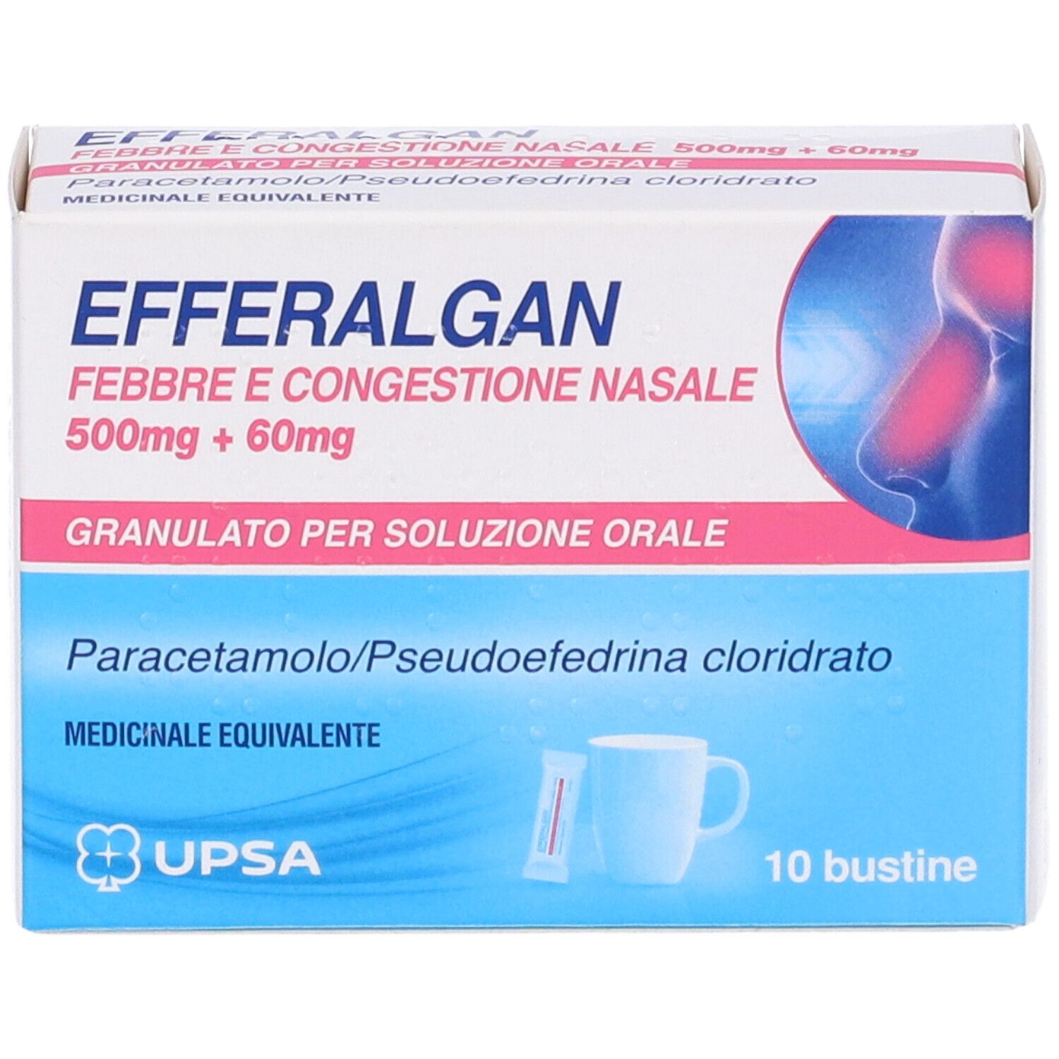 Scatola di farmaco. Scritto: EFFERALGAN FEBBRE E CONGESTIONE NASALE 500mg + 60mg. 10 bustine. Logo UPSA.