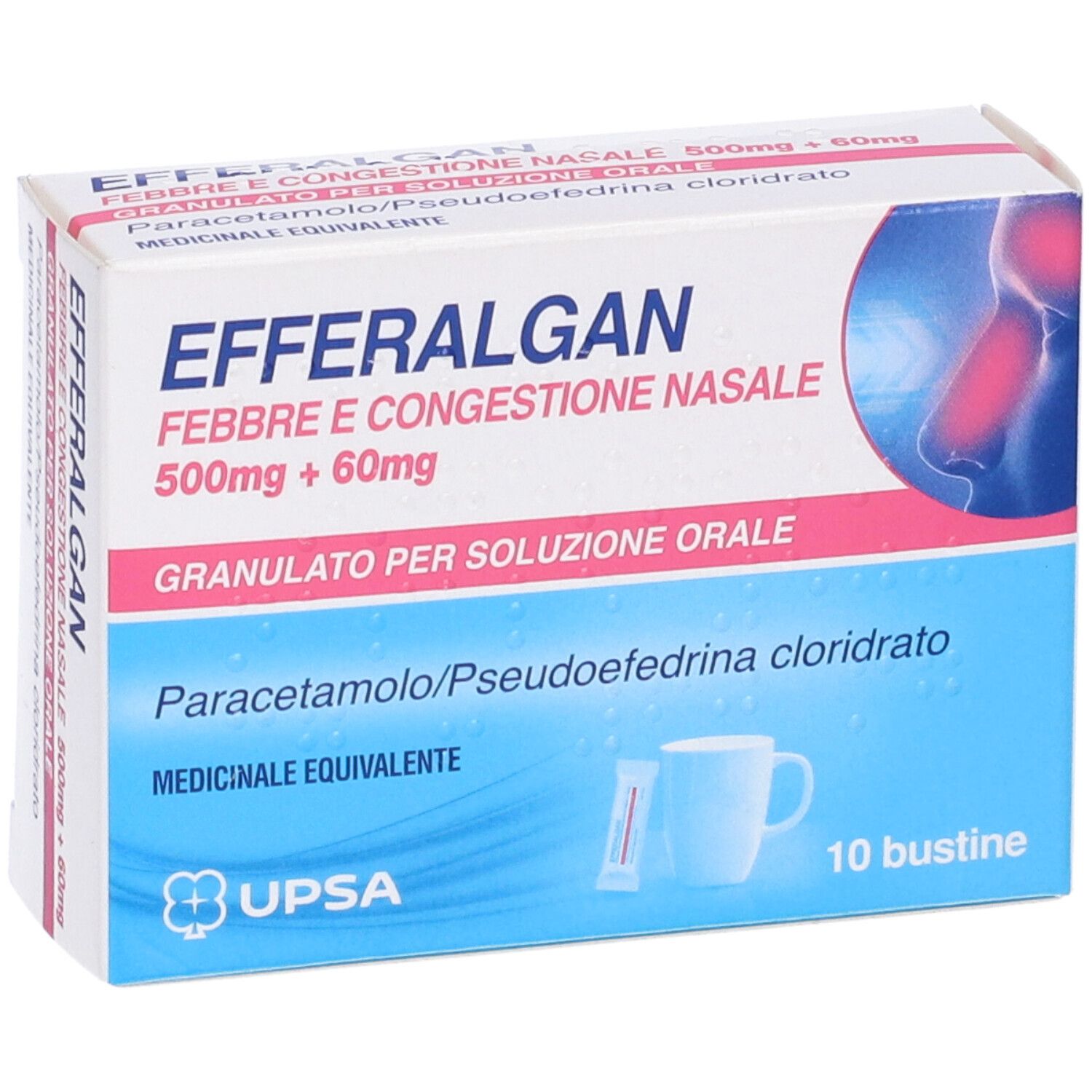 Scatola di farmaco. Scritto: EFFERALGAN FEBBRE E CONGESTIONE NASALE 500mg + 60mg. 10 bustine. Logo UPSA.