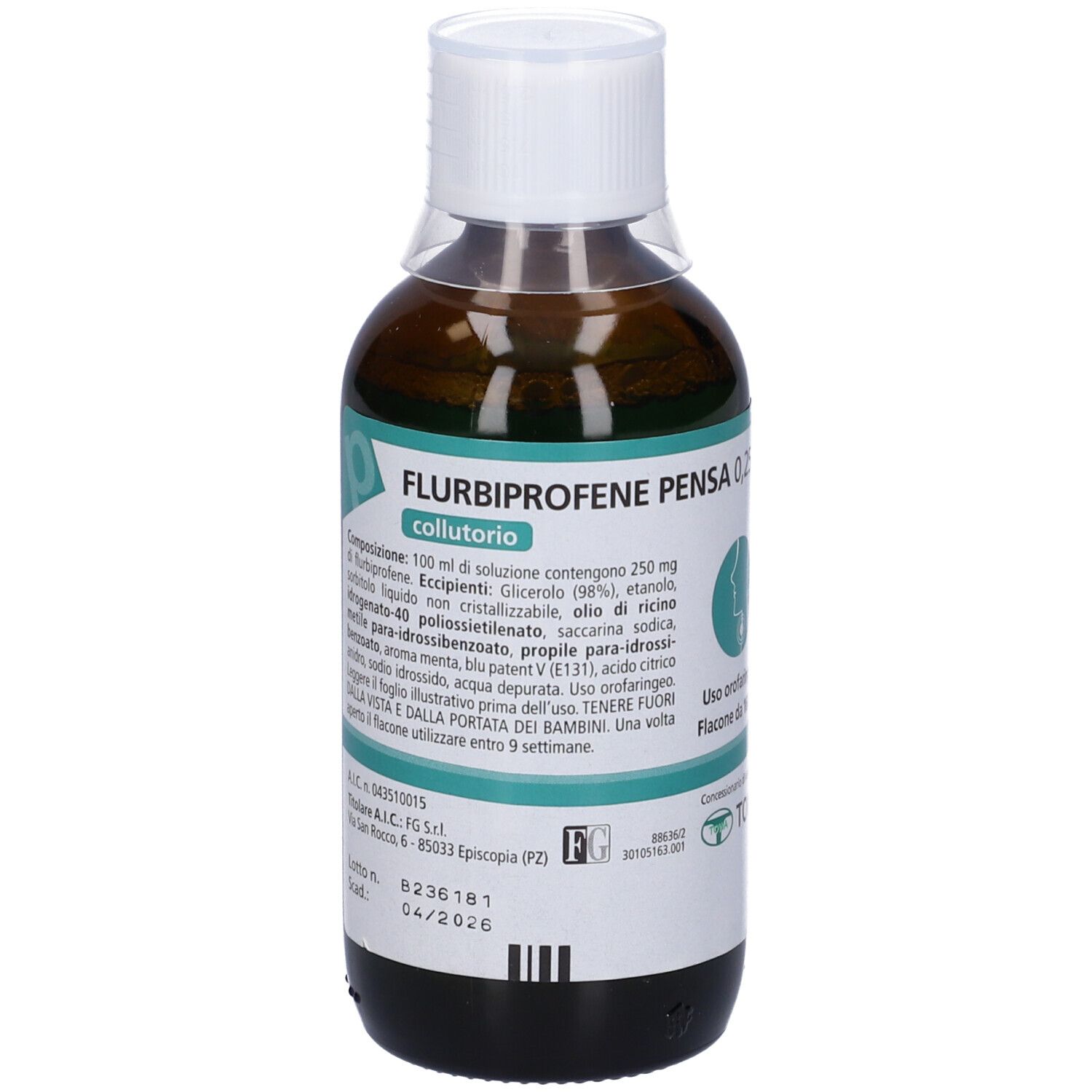 Flacone marrone con tappo bianco. Etichetta con informazioni sul prodotto. Scritta: Flurbiprofene Pensa Collutorio.