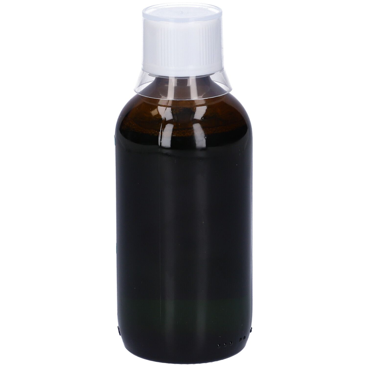 Flacone marrone con tappo bianco. Nessuna etichetta visibile. Liquido all'interno.