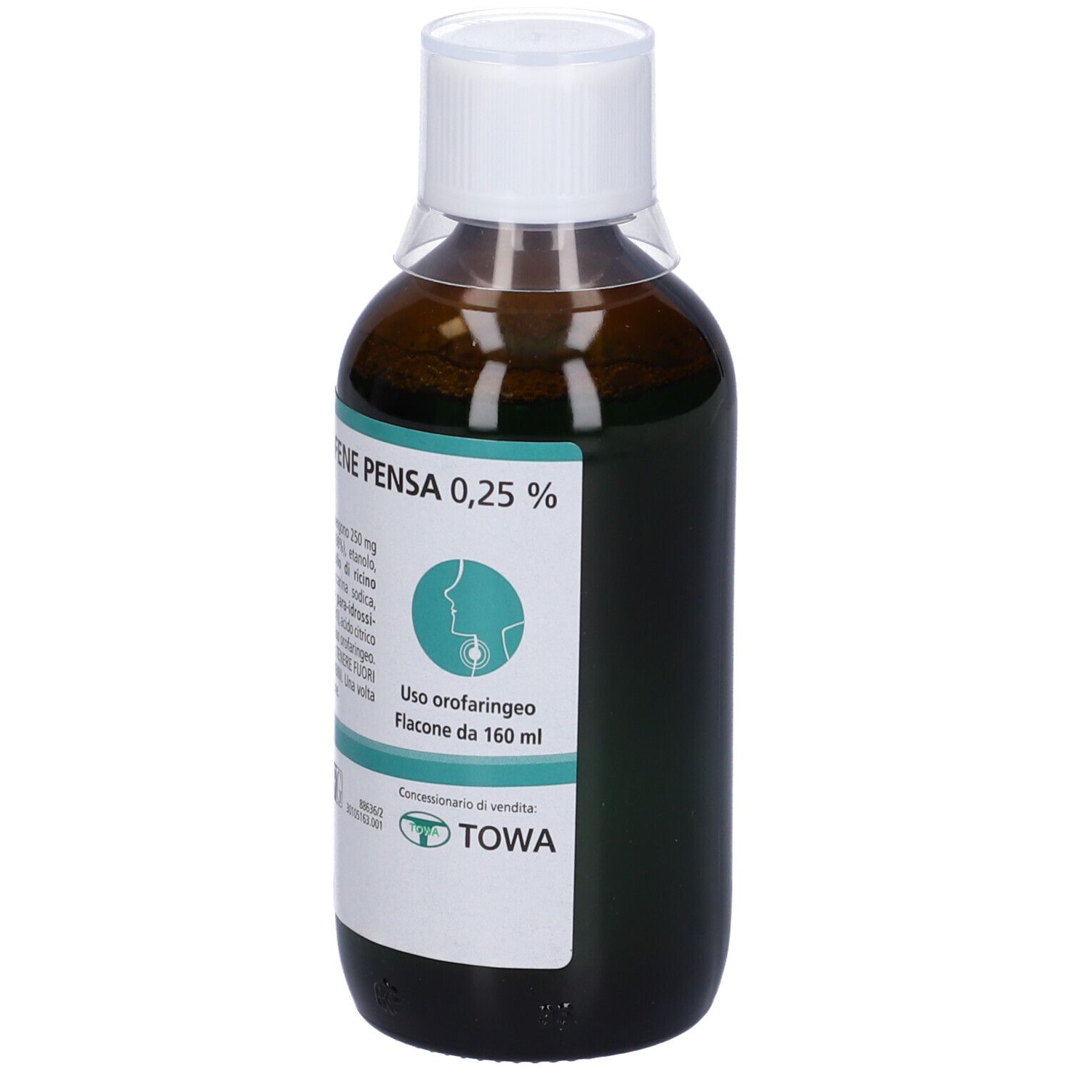 Flacone marrone con tappo bianco. Etichetta con informazioni sul prodotto. Scritta: Flurbiprofene Pensa 0,25%.