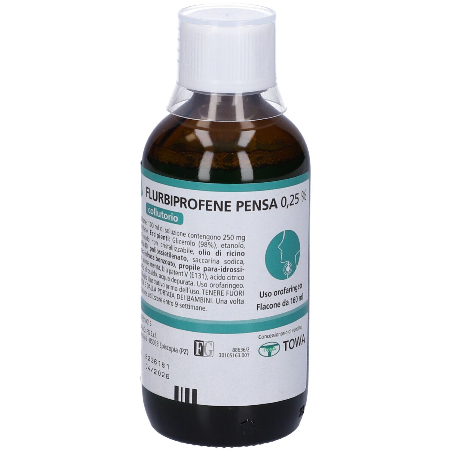 Flacone marrone con tappo bianco. Etichetta con informazioni sul prodotto. Scritta: Flurbiprofene Pensa 0,25%.