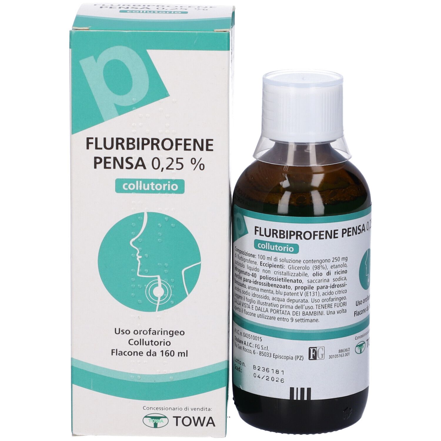 Flacone marrone e scatola. Scritta: Flurbiprofene Pensa 0,25% Collutorio. Illustrazione di una bocca.