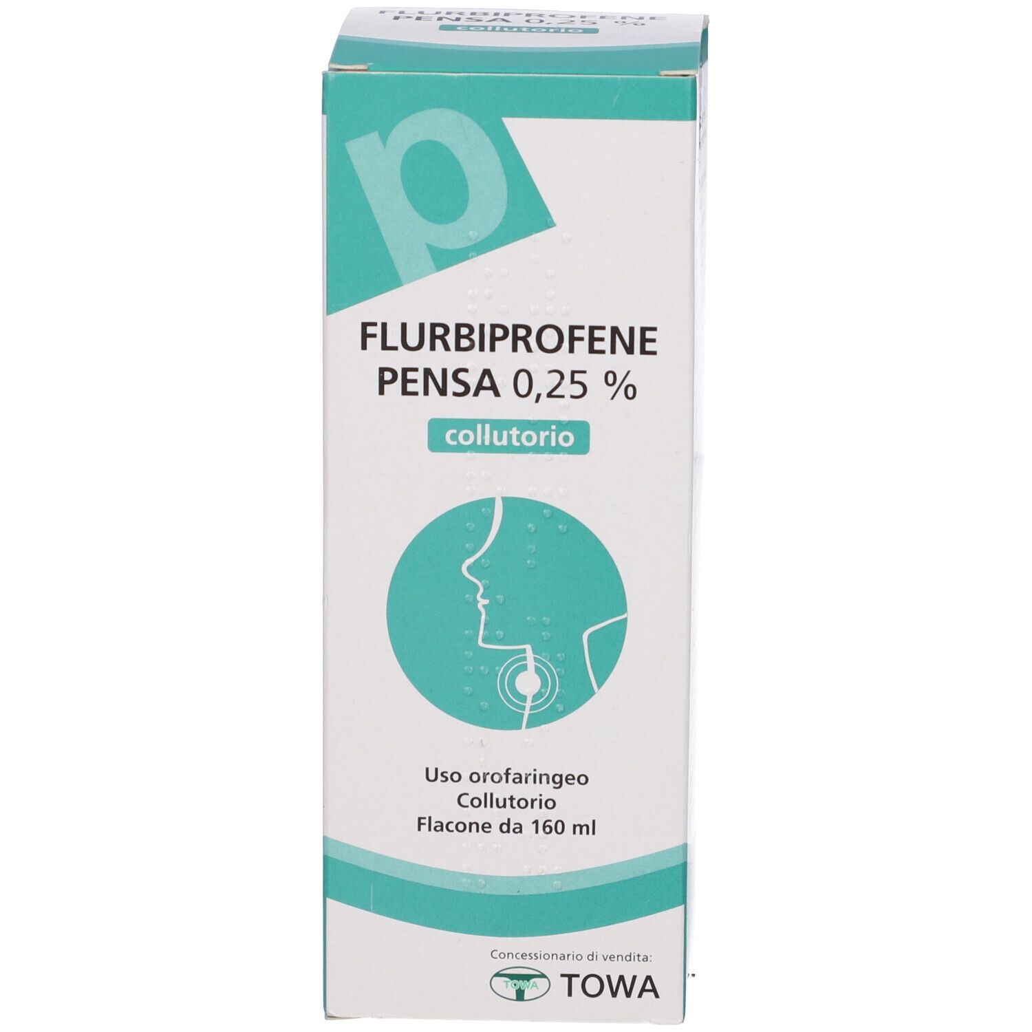 Scatola bianca con accenti blu. Scritta: Flurbiprofene Pensa 0,25% Collutorio. Illustrazione di una bocca.