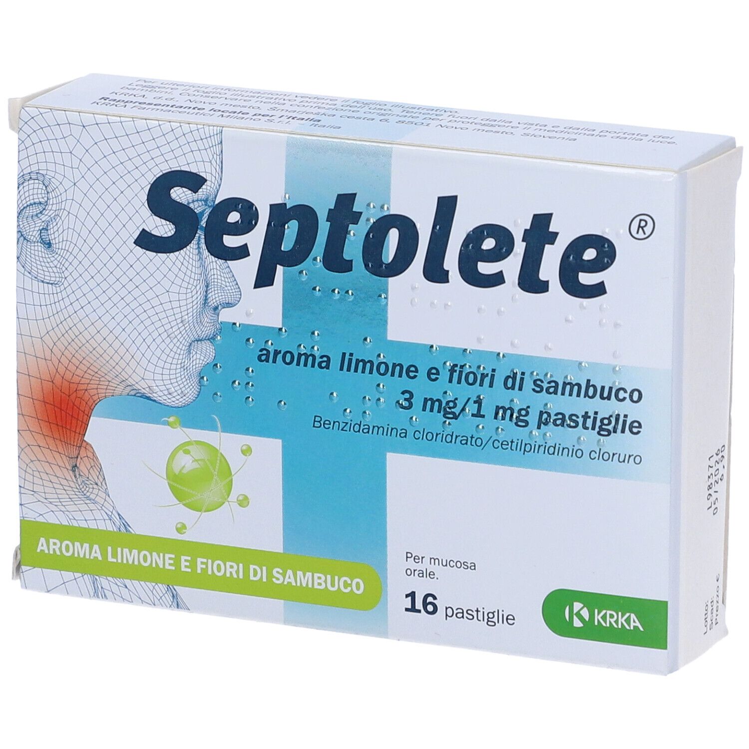Scatola di pastiglie Septolete. Scritto: Aroma limone e fiori di sambuco, 16 pastiglie. Logo KRKA.