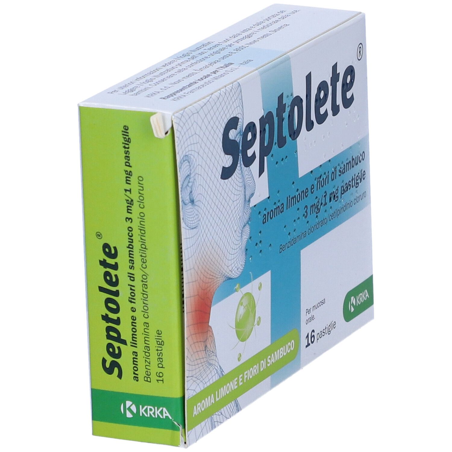 Scatola Septolete, aroma limone e fiori di sambuco, 16 pastiglie. Scritta e logo KRKA.