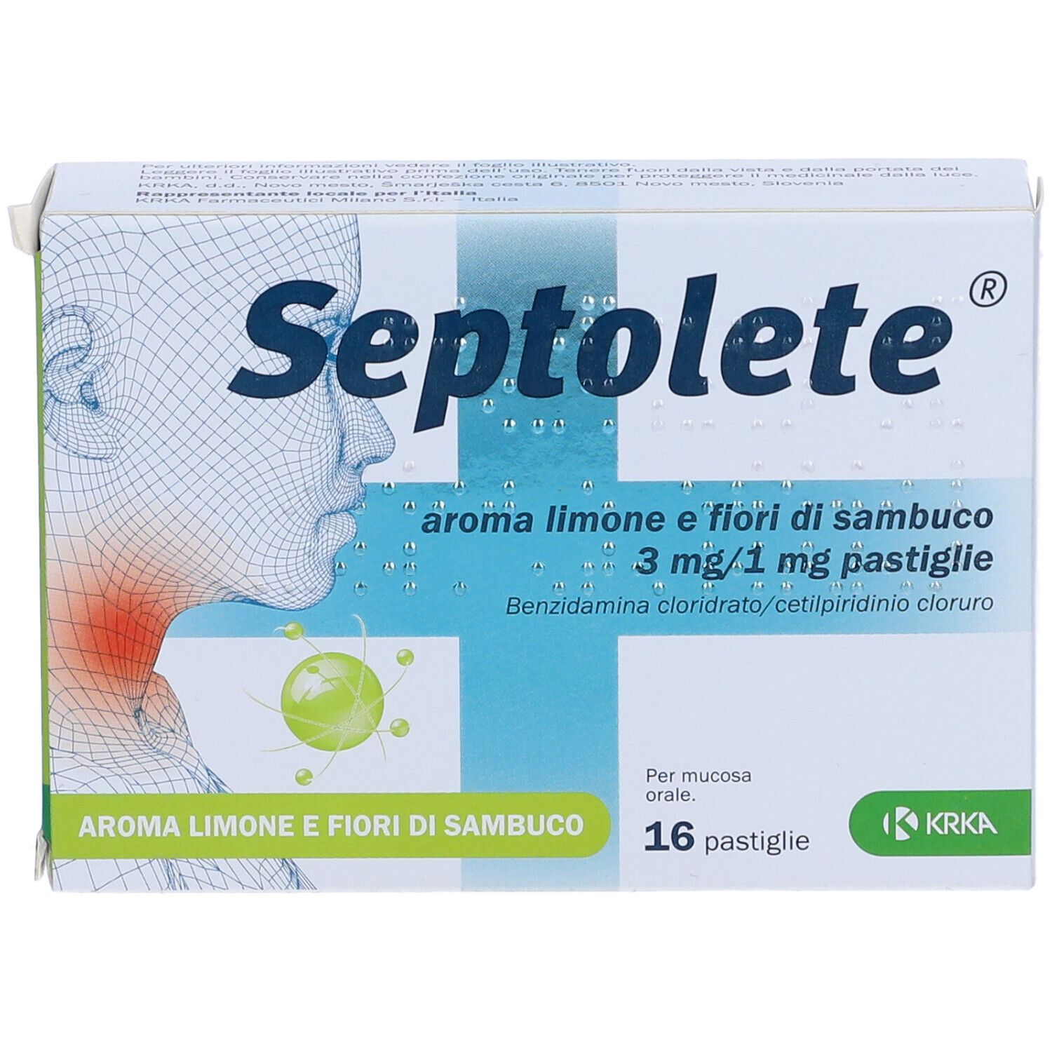 Scatola Septolete, aroma limone e fiori di sambuco, 16 pastiglie. Logo KRKA. Rappresentazione gola.