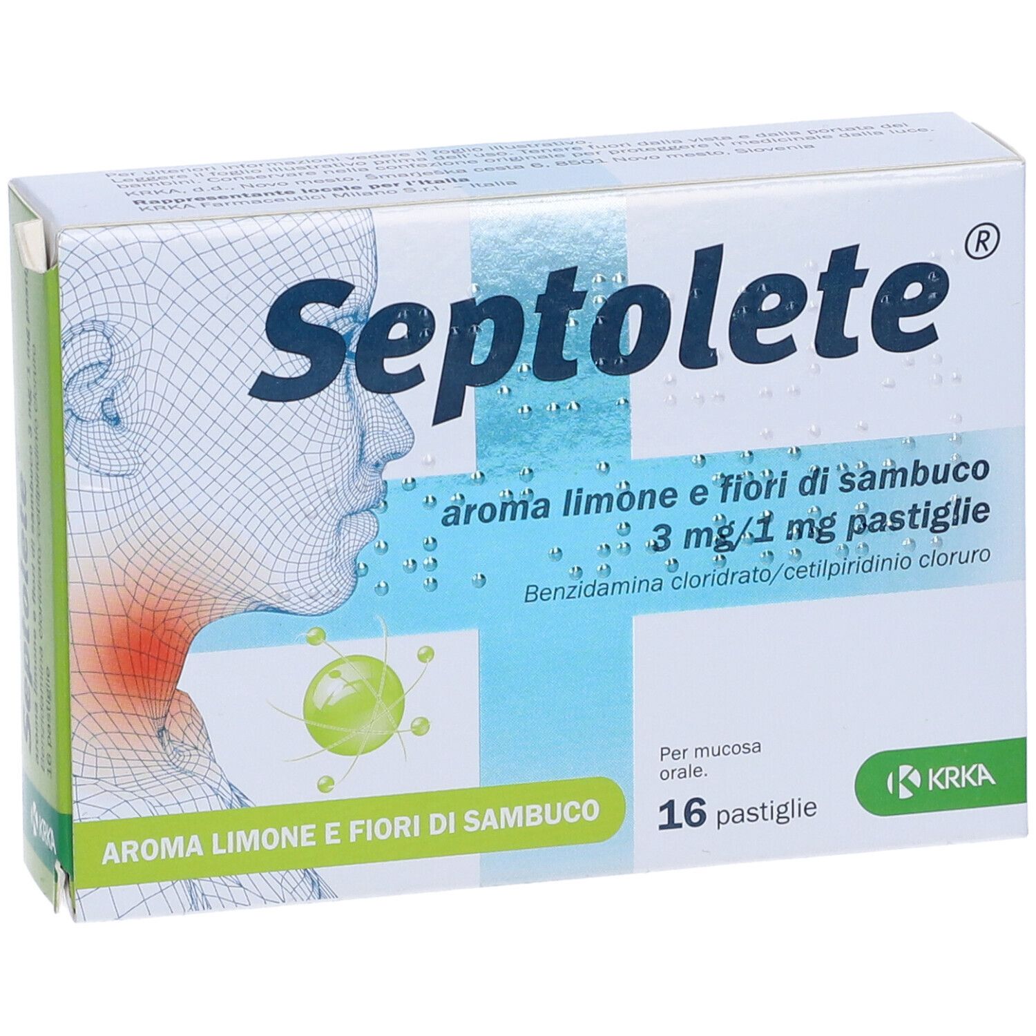 Scatola Septolete, aroma limone e fiori di sambuco, 16 pastiglie. Logo KRKA. Rappresentazione gola.