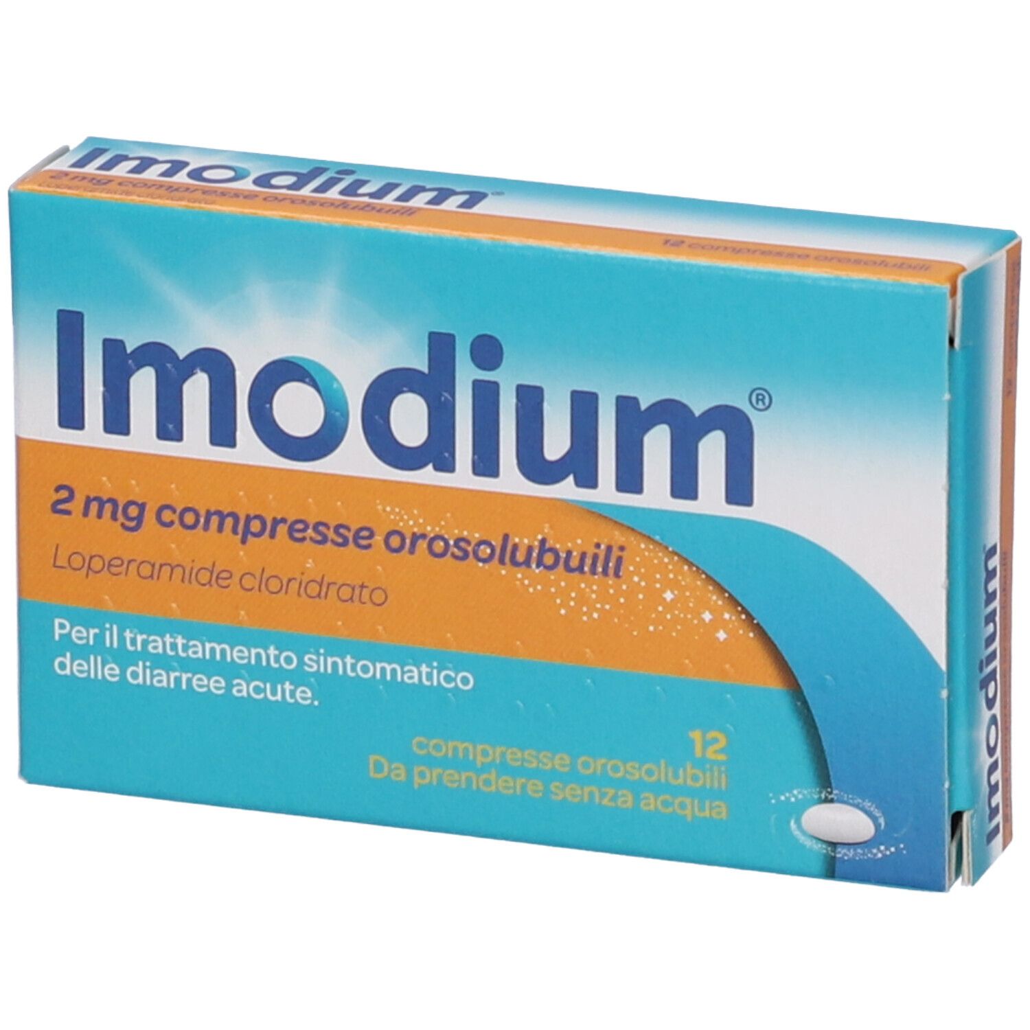 Scatola di compresse 'Imodium'. Confezione blu e arancione. Scritto: '2 mg compresse orosolubili'. Contiene 12 compresse.