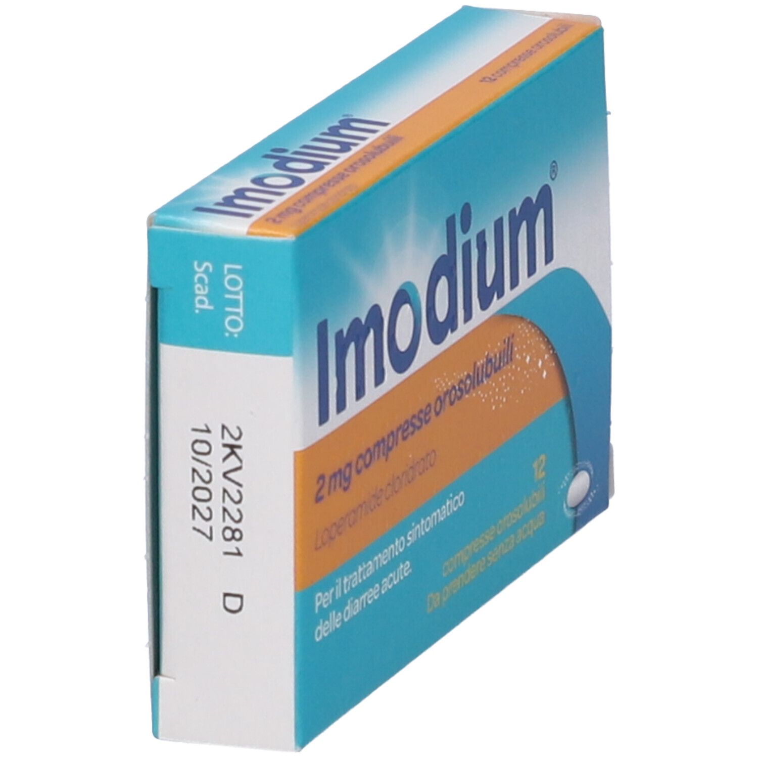 Scatola di compresse 'Imodium', angolata. Confezione blu e arancione. Scritto: '2 mg compresse orosolubili'. 12 compresse.