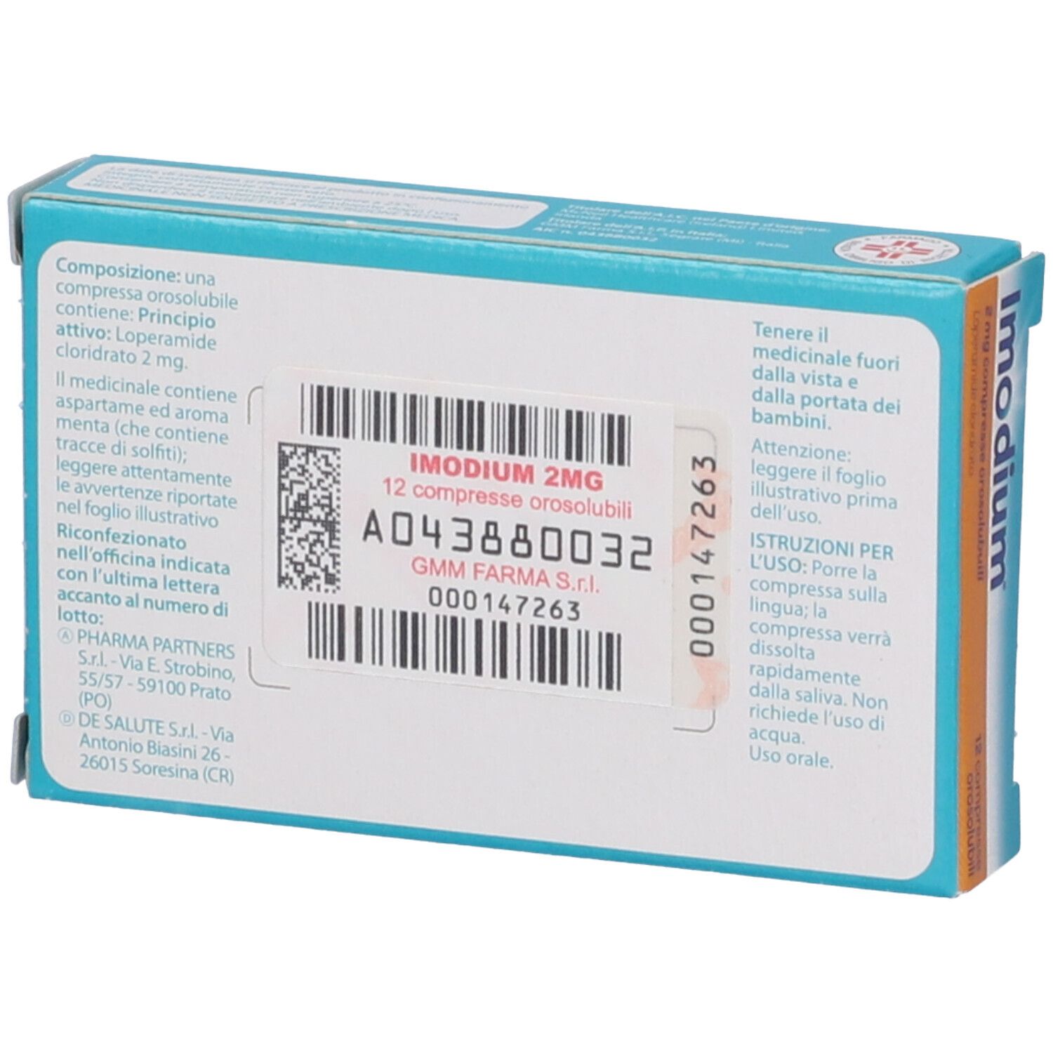Retro della scatola di compresse 'Imodium'. Confezione blu con testo e codice a barre. Informazioni e istruzioni.