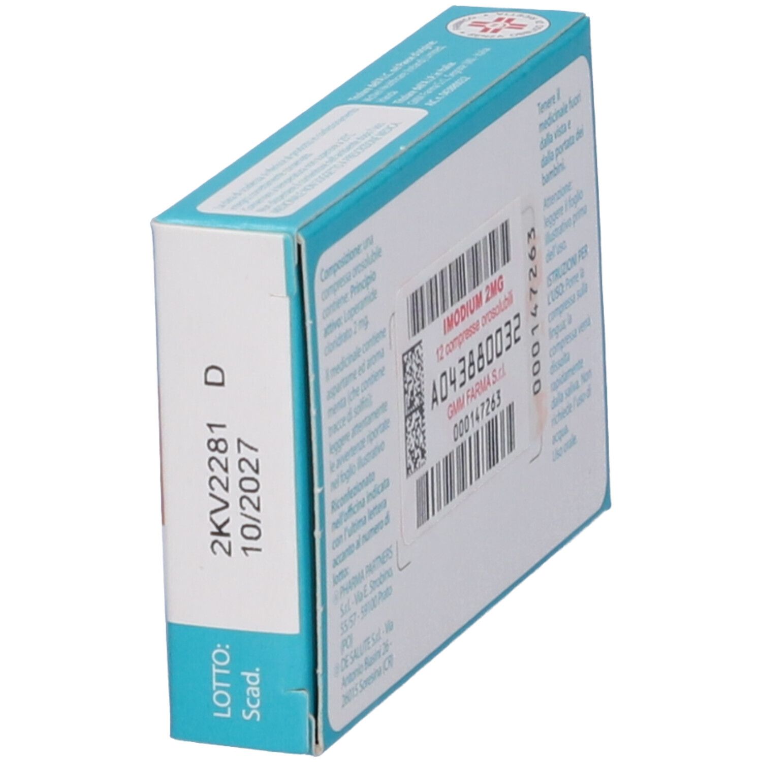 Vista angolata del retro della scatola di compresse 'Imodium'. Confezione blu con testo e codice a barre.