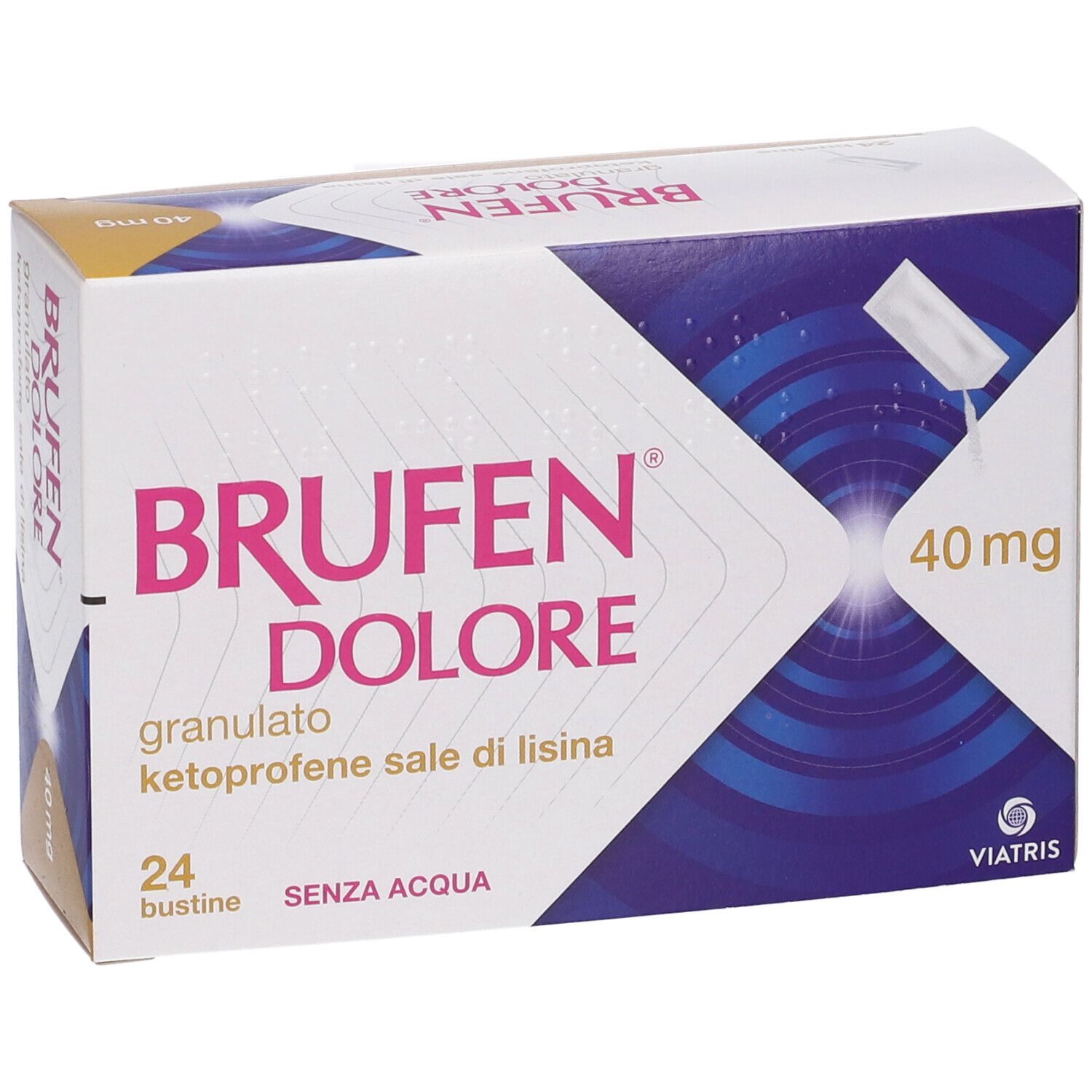 Scatola di granulato BRUFEN DOLORE. Contiene 24 bustine, 40mg. Bianco, blu e giallo. Logo Viatris.