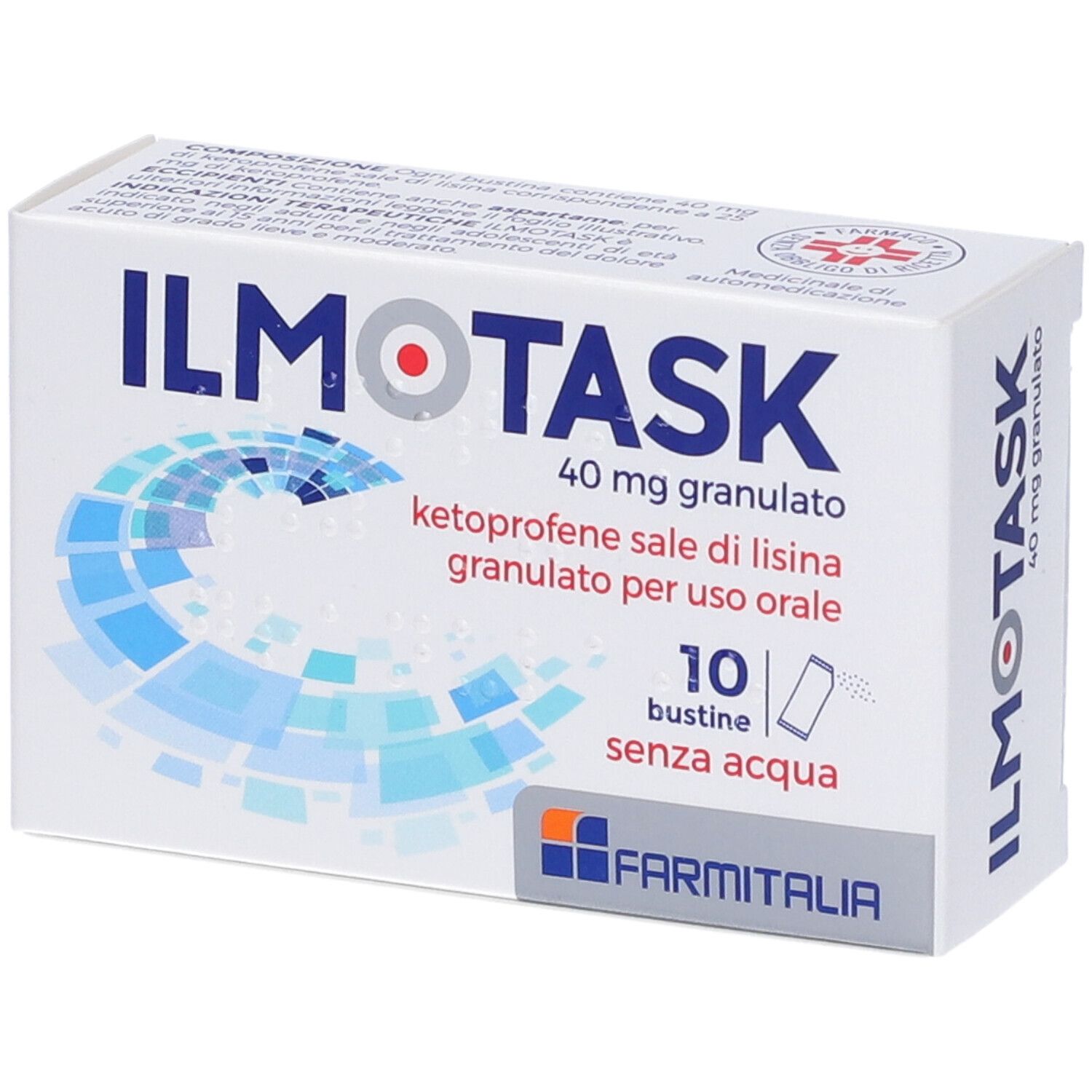 Scatola di ILMOTASK 40 mg granulato. Contiene 10 bustine. Scritto: ketoprofene sale di lisina, granulato per uso orale.
