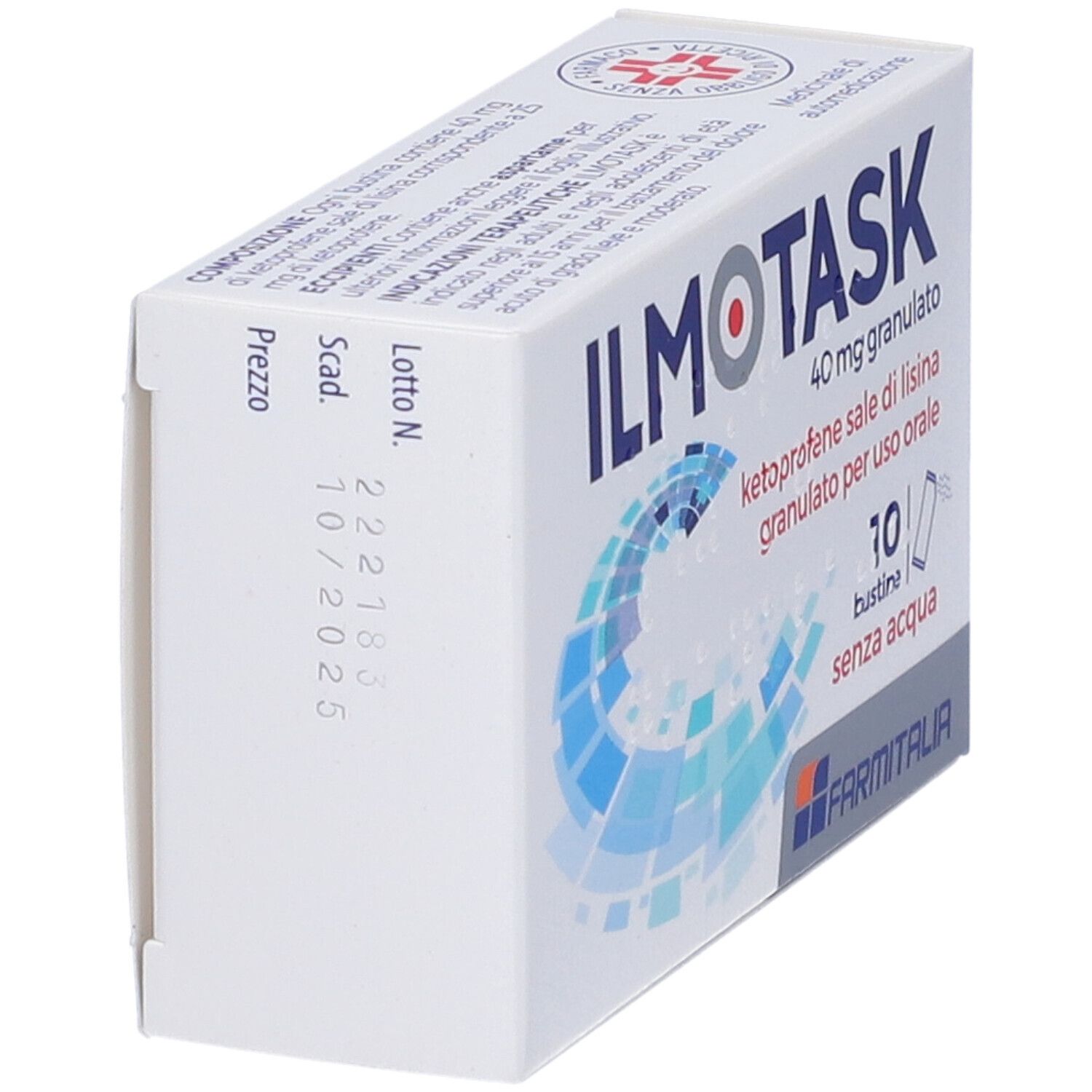 Vista laterale della scatola ILMOTASK. Scritto: ILMOTASK 40 mg granulato. Contiene 10 bustine. Scadenza: 10/2025.