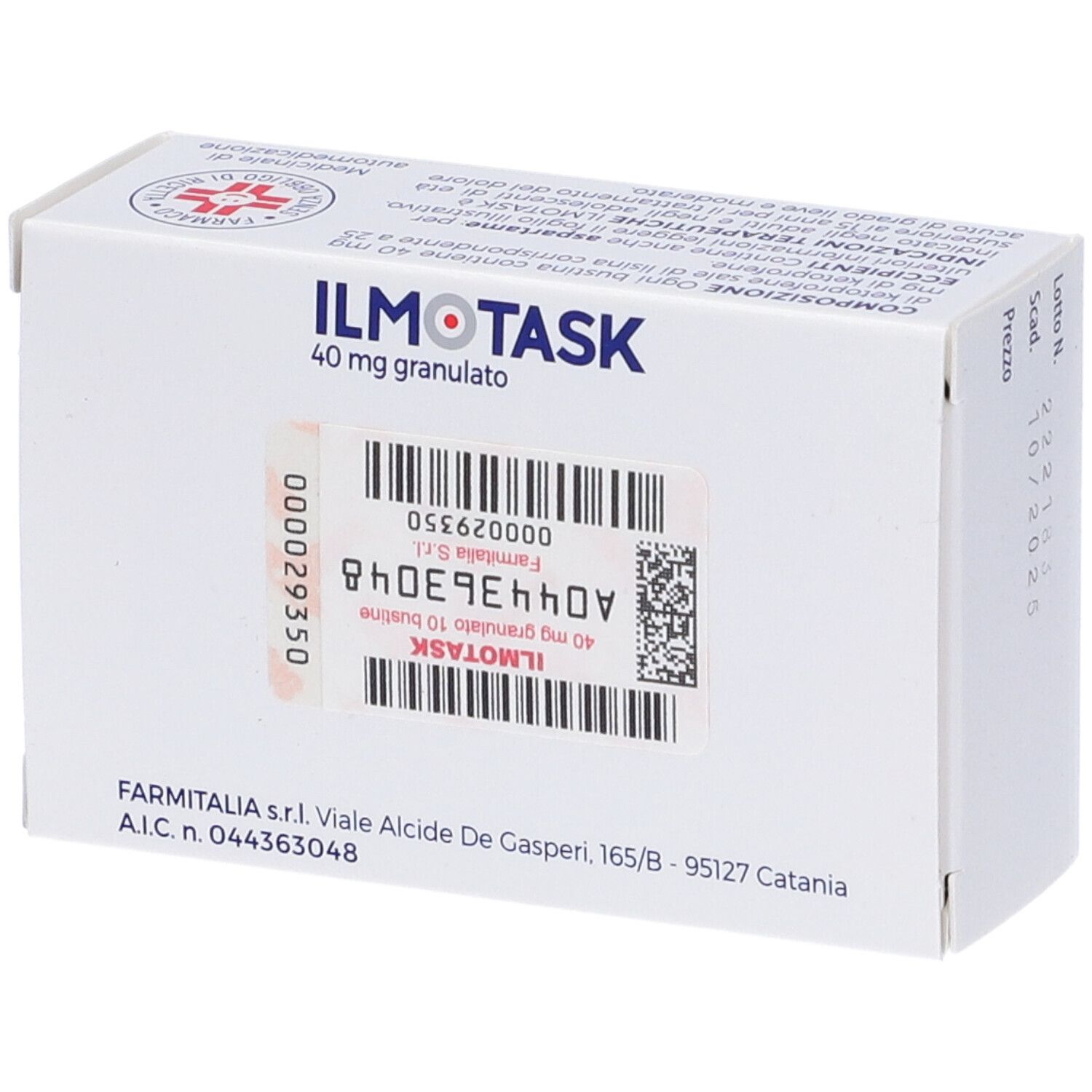 Retro della scatola ILMOTASK. Scritto: ILMOTASK 40 mg granulato. Codice a barre e informazioni del produttore.