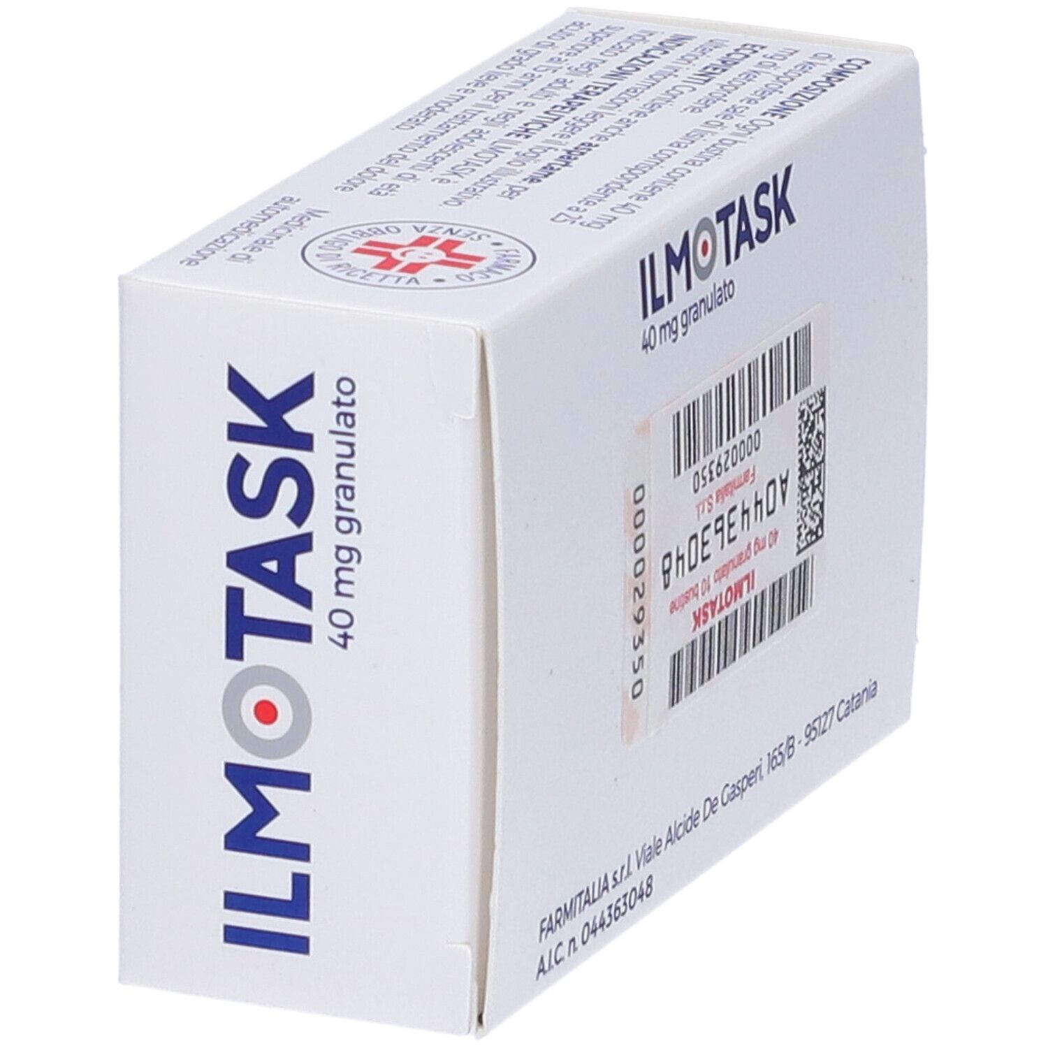 Scatola ILMOTASK 40 mg granulato. Scritto: ILMOTASK 40 mg granulato. Codice a barre e informazioni del produttore.