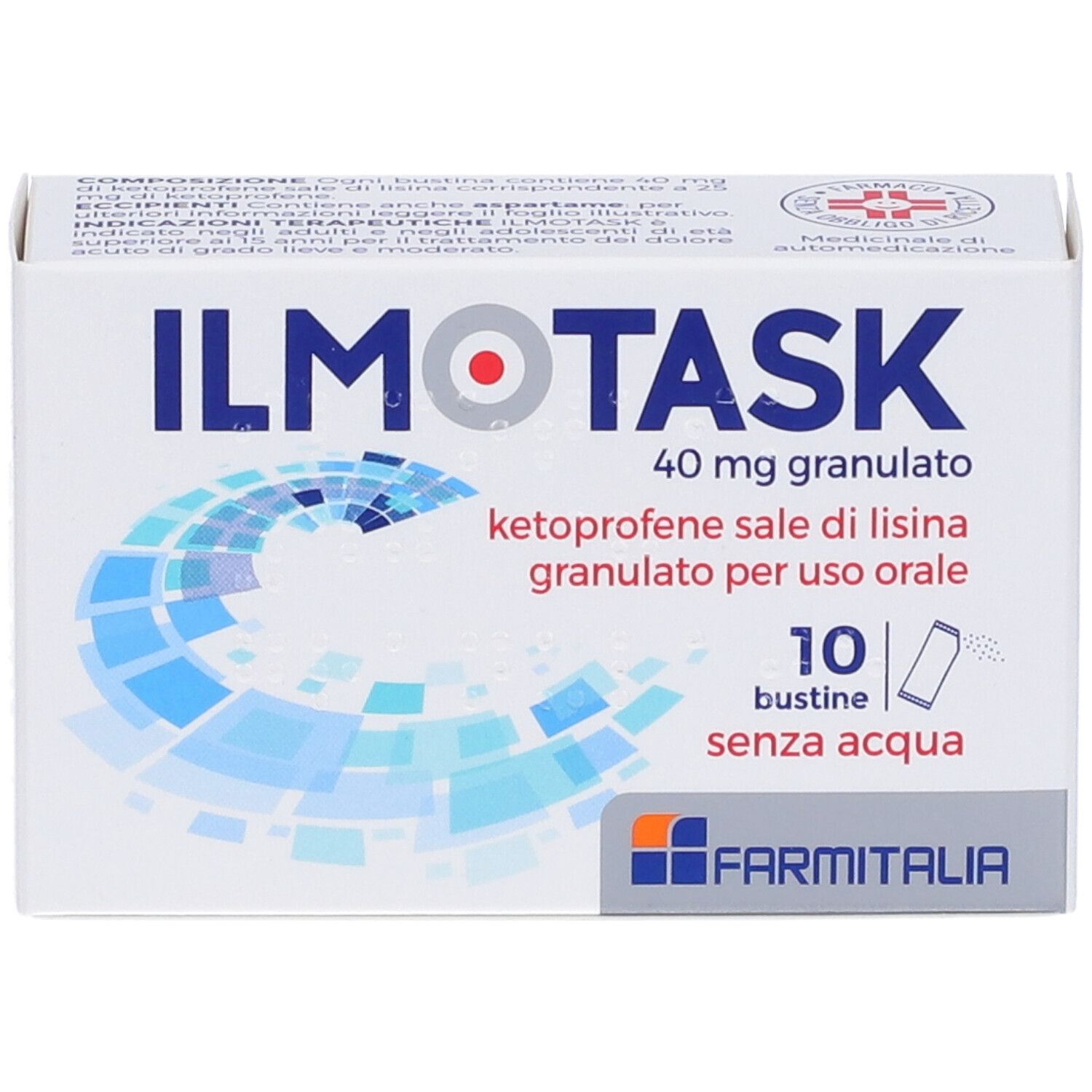 Scatola di ILMOTASK 40 mg granulato. Contiene 10 bustine. Scritto: ketoprofene sale di lisina, granulato per uso orale.