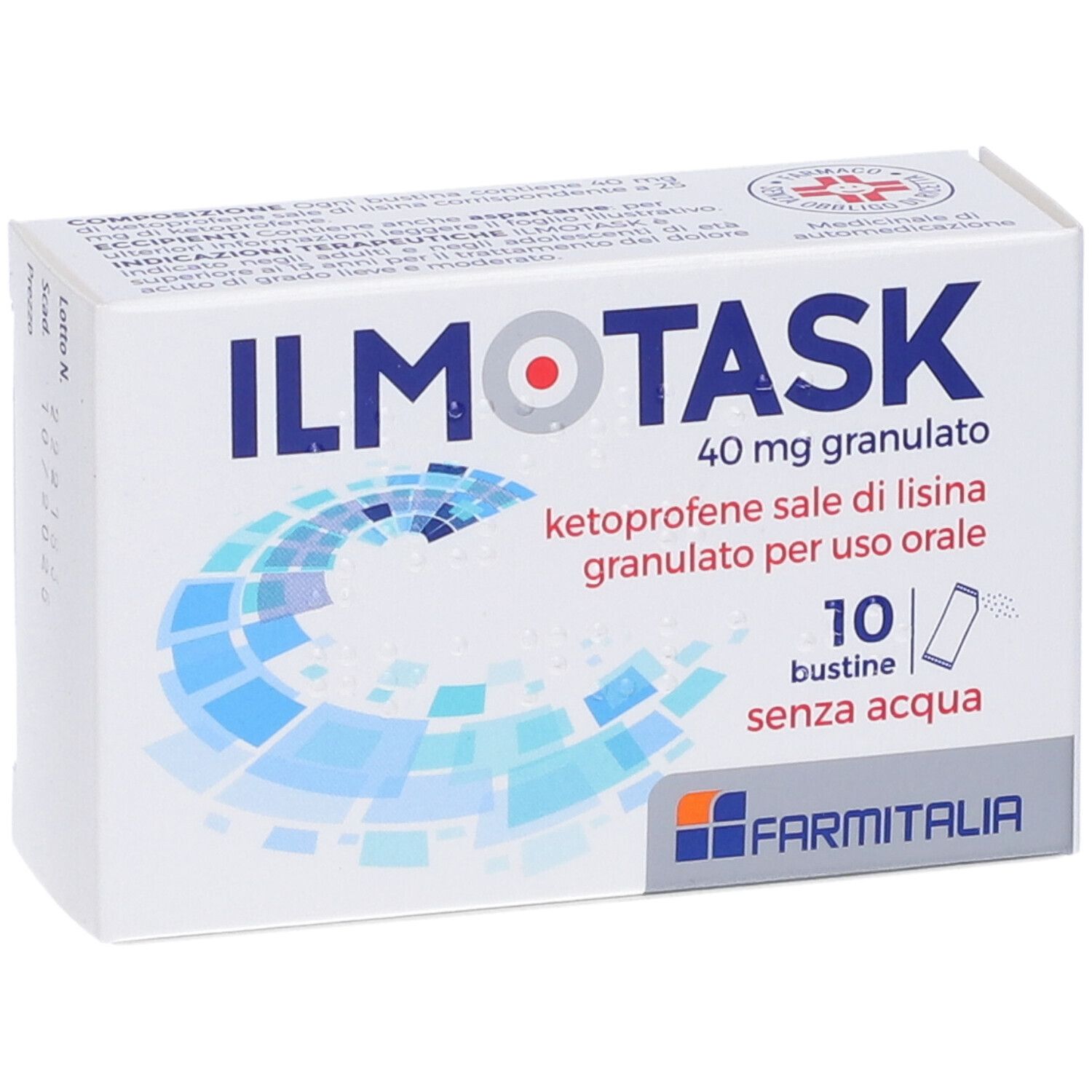 Scatola di ILMOTASK 40 mg granulato. Contiene 10 bustine. Scritto: ketoprofene sale di lisina, granulato per uso orale.
