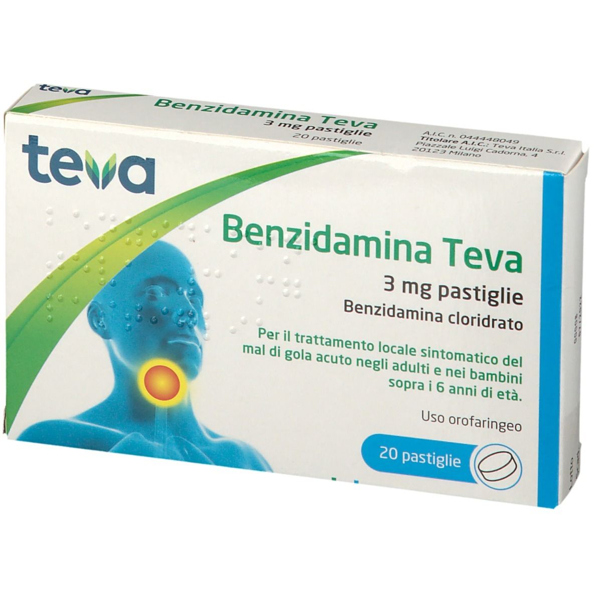 Scatola di Benzidamina Teva 3 mg pastiglie. Scritte: marchio, nome del prodotto, dosaggio, contenuto, illustrazione di una gola.