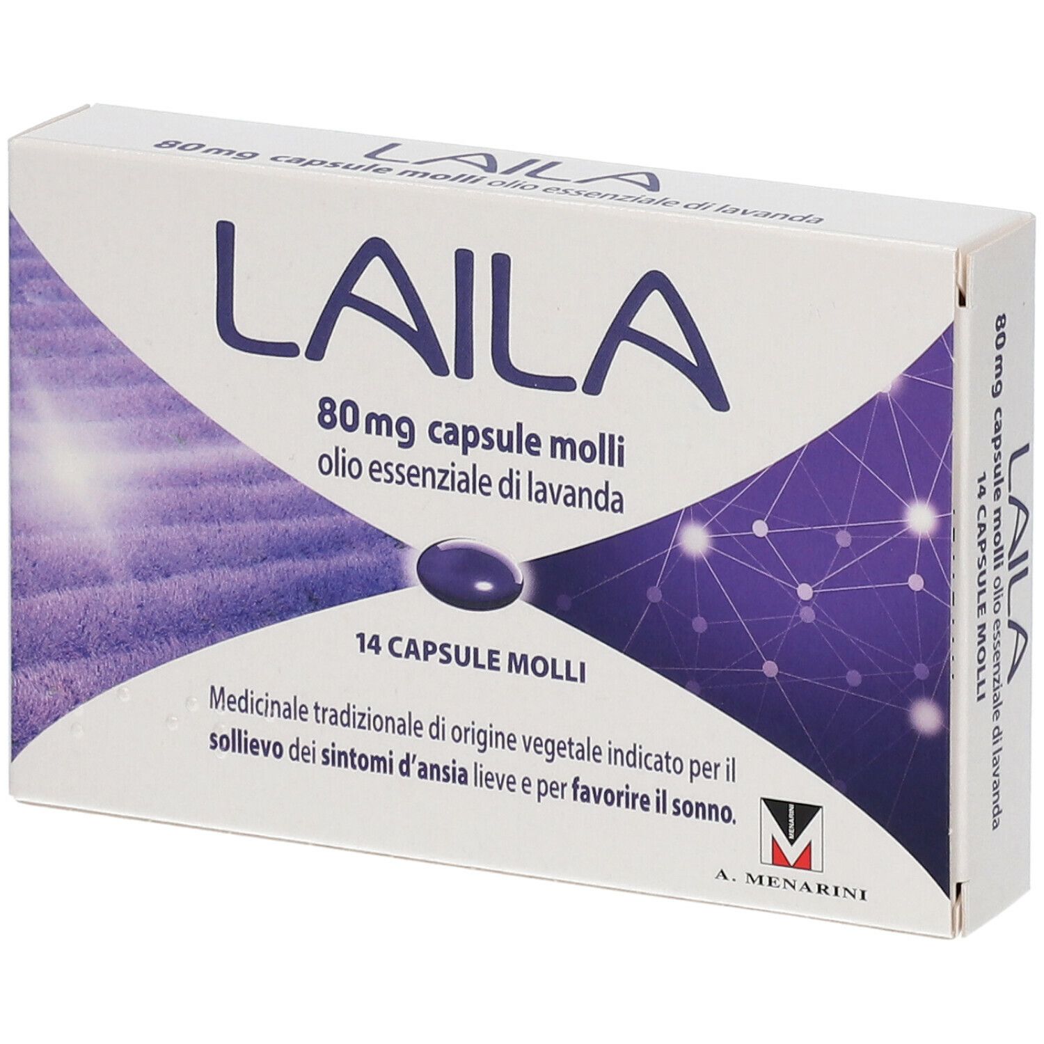 Scatola LAILA, 80mg capsule molli, olio essenziale di lavanda. 14 capsule. Design bianco e viola.