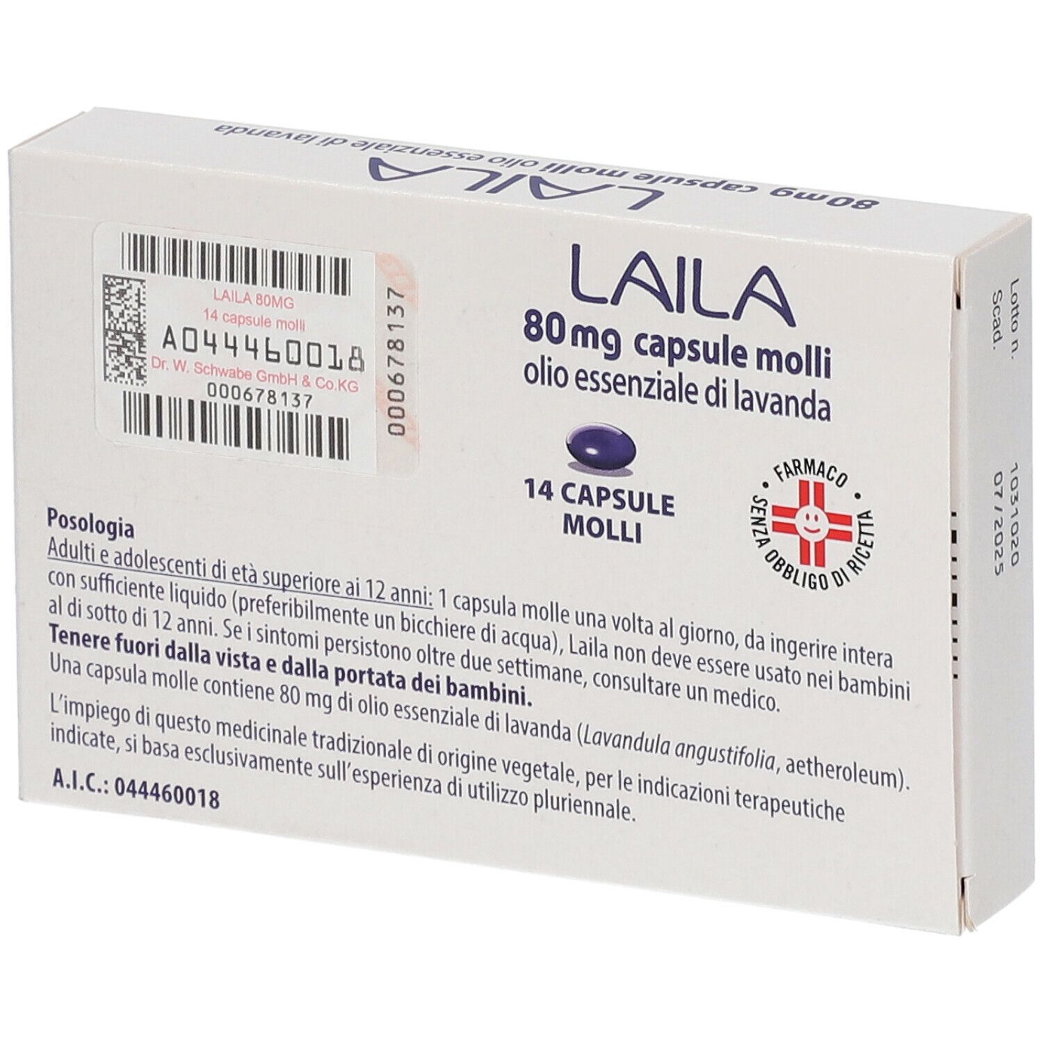 Scatola LAILA, 80mg capsule molli, olio essenziale di lavanda. 14 capsule. Retro con testo e informazioni.