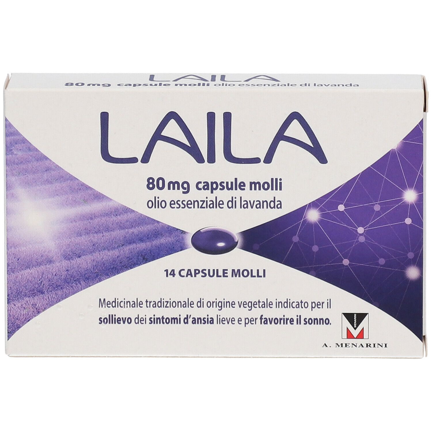 Scatola LAILA, 80mg capsule molli, olio essenziale di lavanda. 14 capsule. Design bianco e viola.