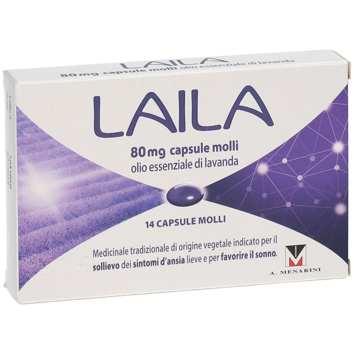 Scatola LAILA, 80mg capsule molli, olio essenziale di lavanda. 14 capsule. Design bianco e viola.
