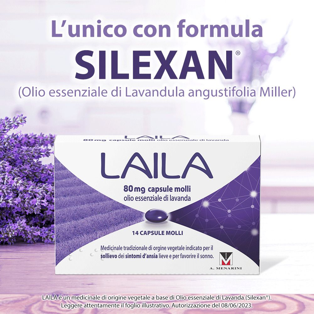 Pubblicità con confezione LAILA, 80mg capsule molli, olio di lavanda. Testo: SILEXAN. Sfondo: fiori di lavanda.