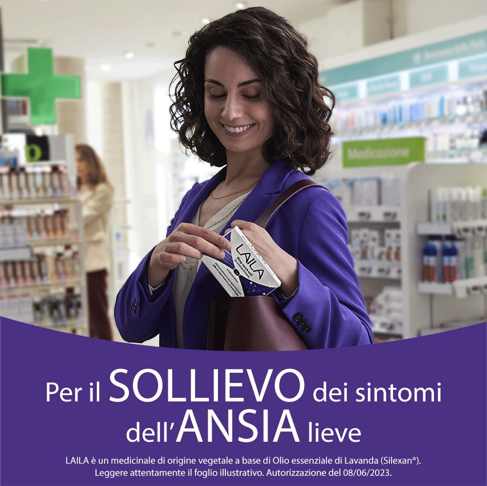 Donna tiene confezione LAILA. Testo: Per il sollievo dell'ansia lieve. Sfondo farmacia.