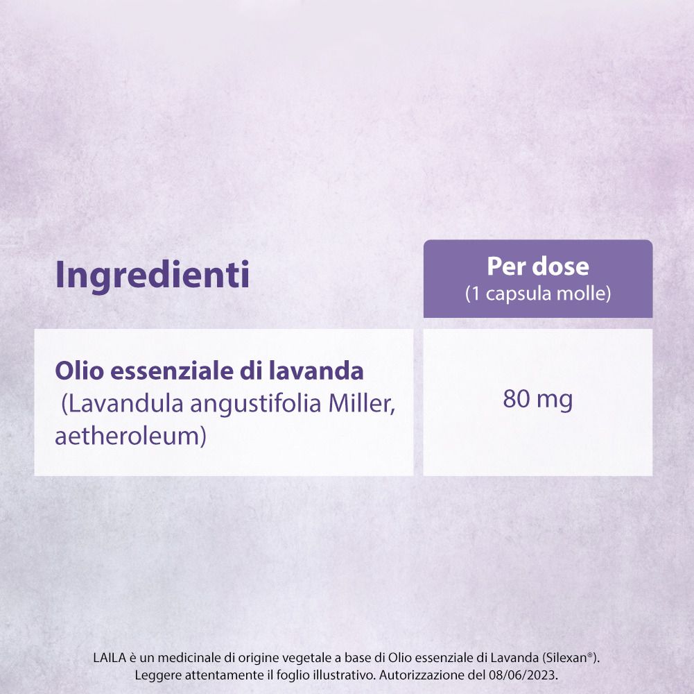 Ingredienti: olio di lavanda, 80mg per capsula. Sfondo bianco con testo.