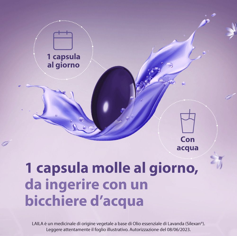 Capsula in liquido viola. Testo: 1 capsula al giorno con acqua. Illustrazioni.