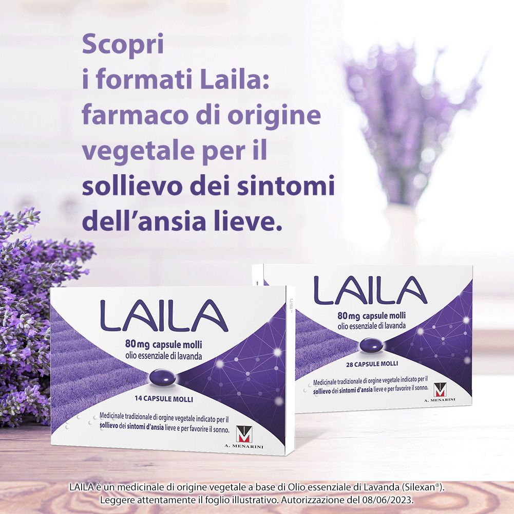 Due confezioni LAILA. Testo: Scopri i formati Laila. Sfondo: fiori di lavanda.