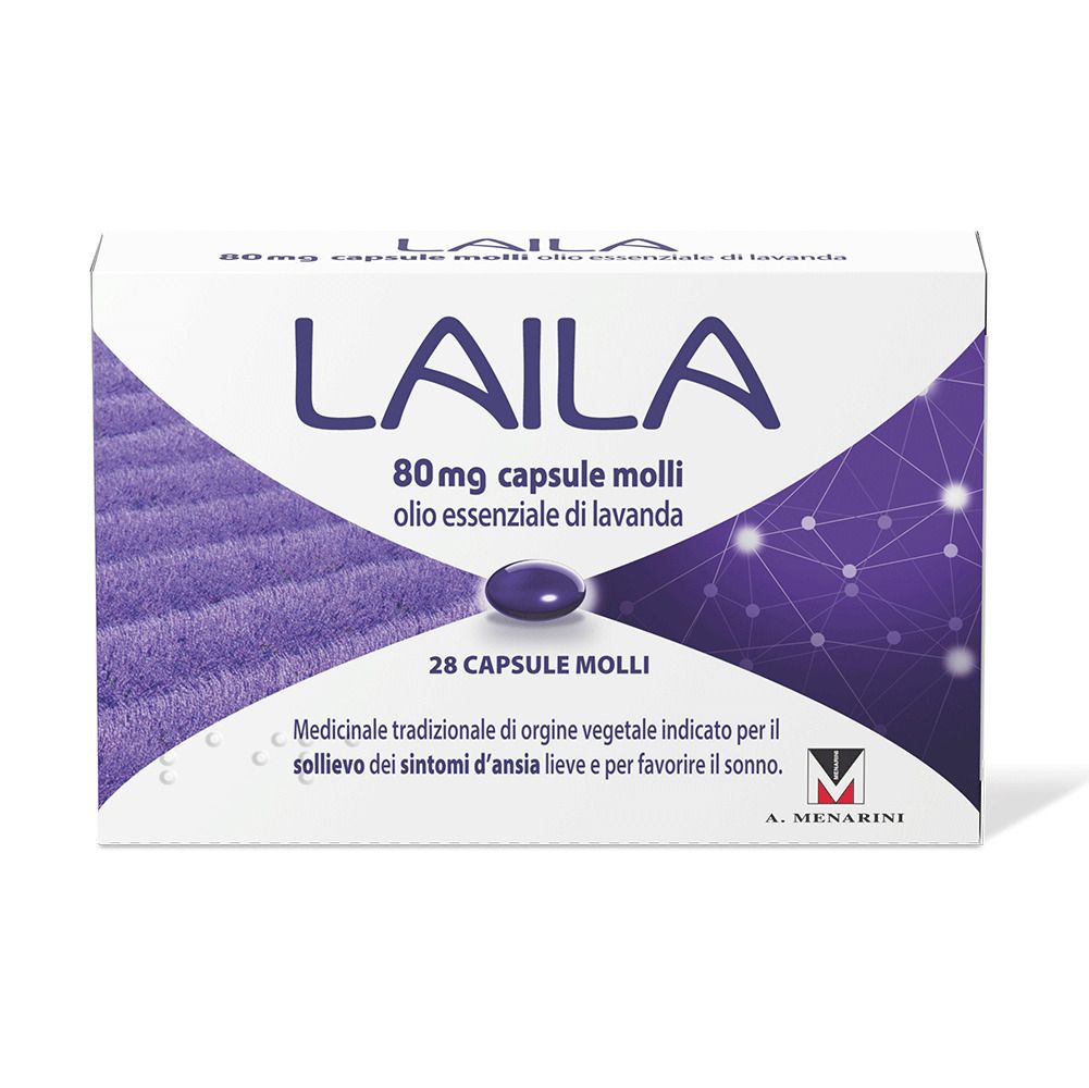 Scatola di capsule Laila. Scritta: 80 mg capsule molli, olio essenziale di lavanda. 28 capsule. A. Menarini.