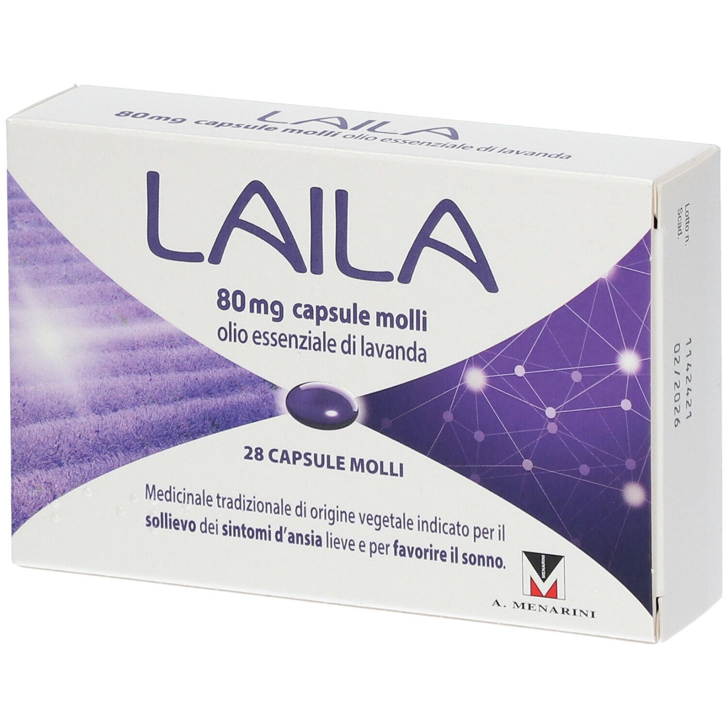 Scatola di capsule Laila. Scritta: 80 mg capsule molli, olio essenziale di lavanda. 28 capsule. A. Menarini.