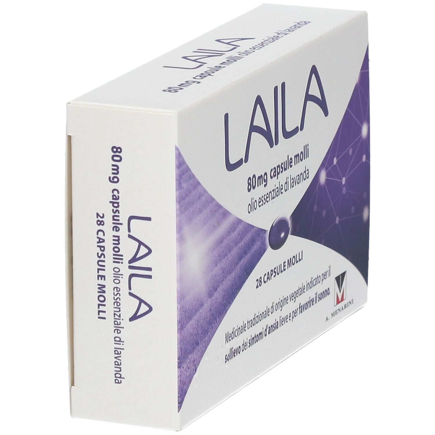 Vista laterale della confezione Laila. Scritta: 80 mg capsule molli, olio essenziale di lavanda. 28 capsule.