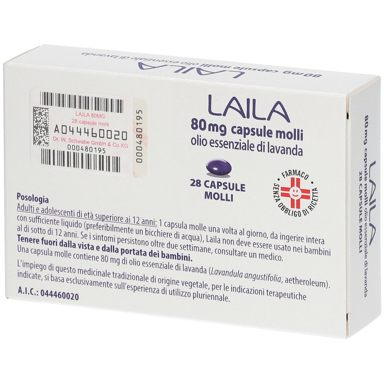 Retro della confezione Laila. Testo e informazioni sull'uso. Logo: Farmaco di ricetta.