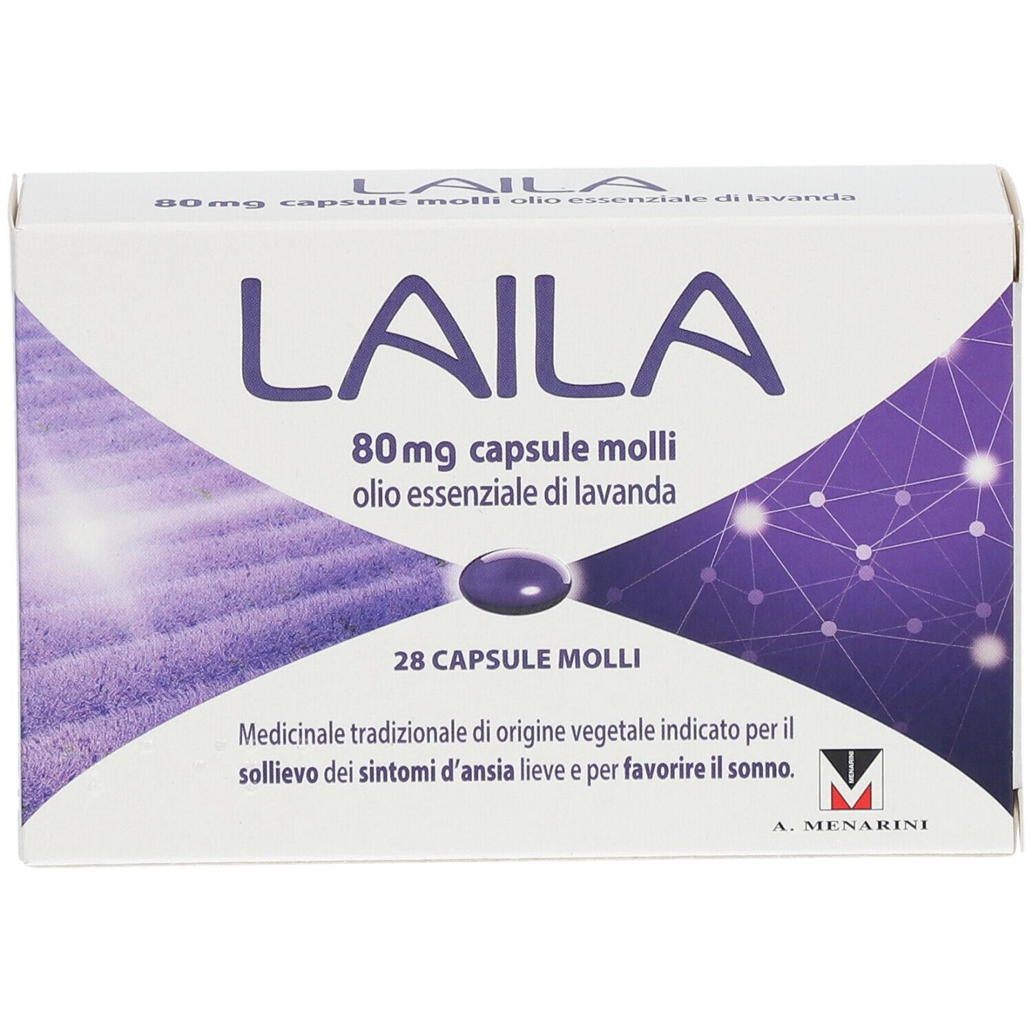 Scatola di capsule Laila. Scritta: 80 mg capsule molli, olio essenziale di lavanda. 28 capsule. A. Menarini.