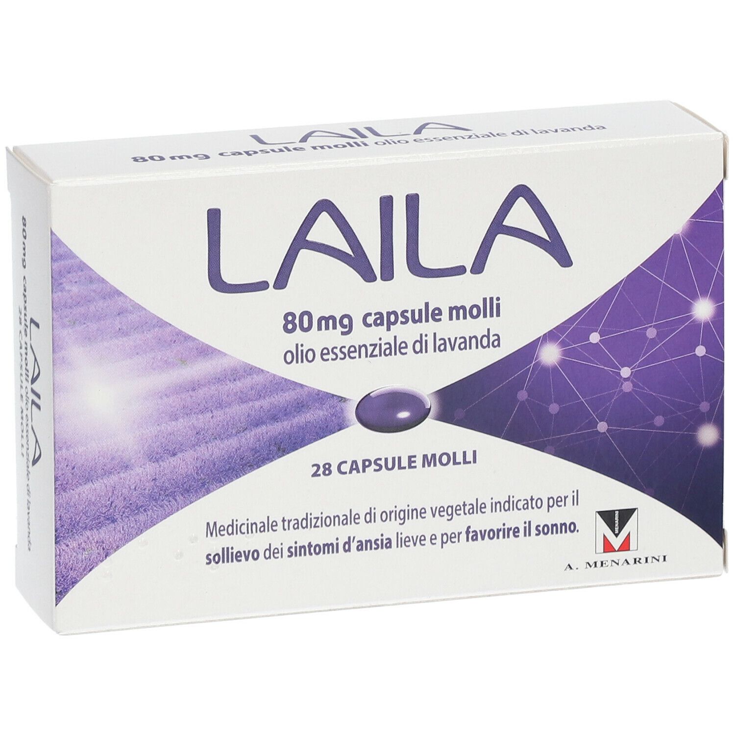 Scatola di capsule Laila. Scritta: 80 mg capsule molli, olio essenziale di lavanda. 28 capsule. A. Menarini.