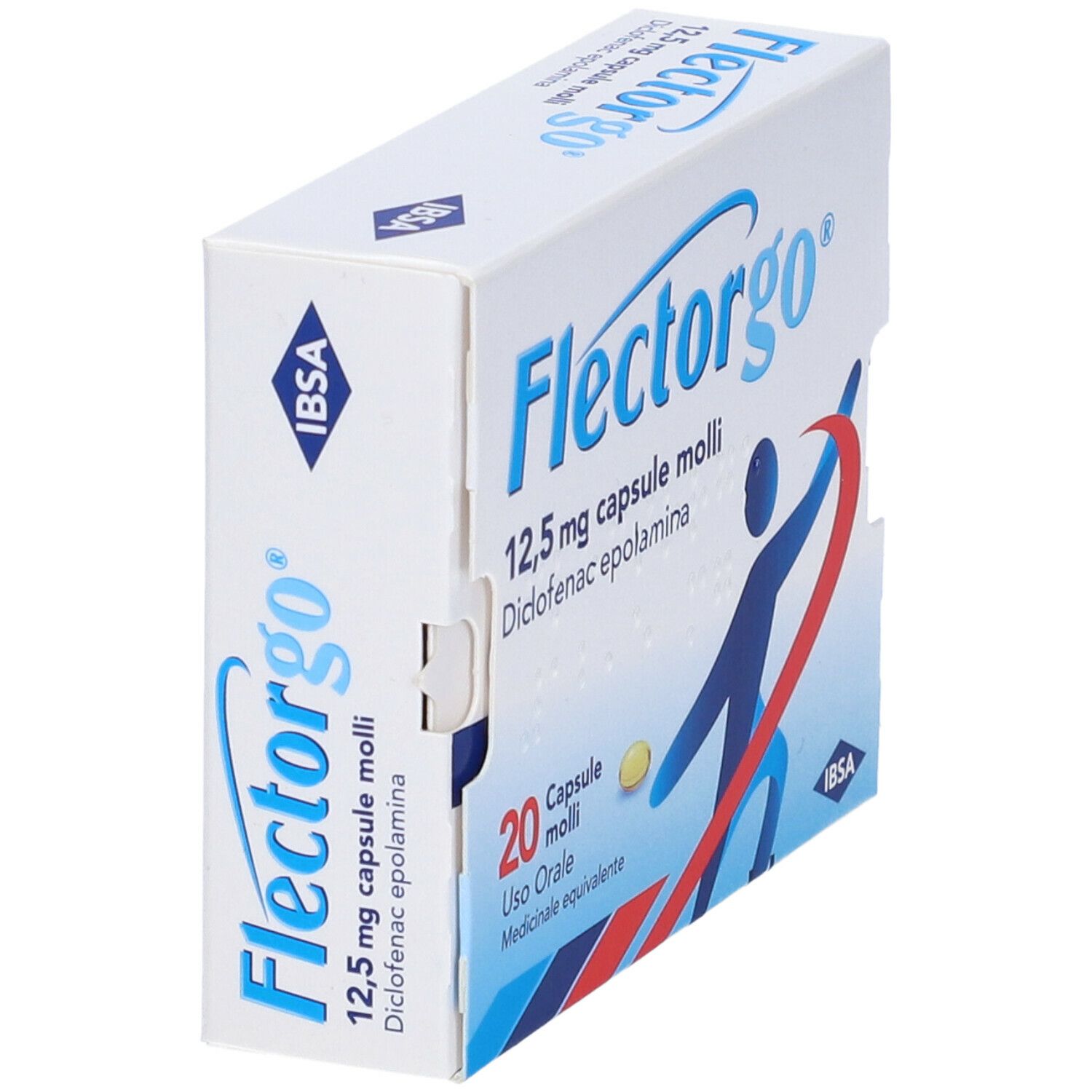 Scatola bianca con logo FLECTORGO e testo. Contiene 20 capsule. 12,5 mg capsule molli. Diclofenac epolamina.