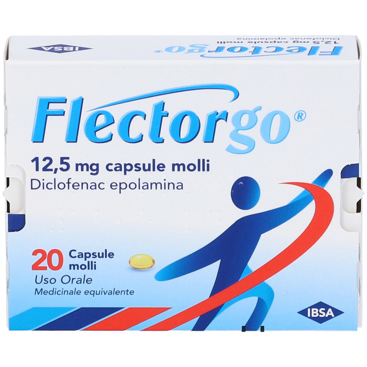 Scatola bianca con logo FLECTORGO e testo. Contiene 20 capsule. 12,5 mg capsule molli. Diclofenac epolamina.