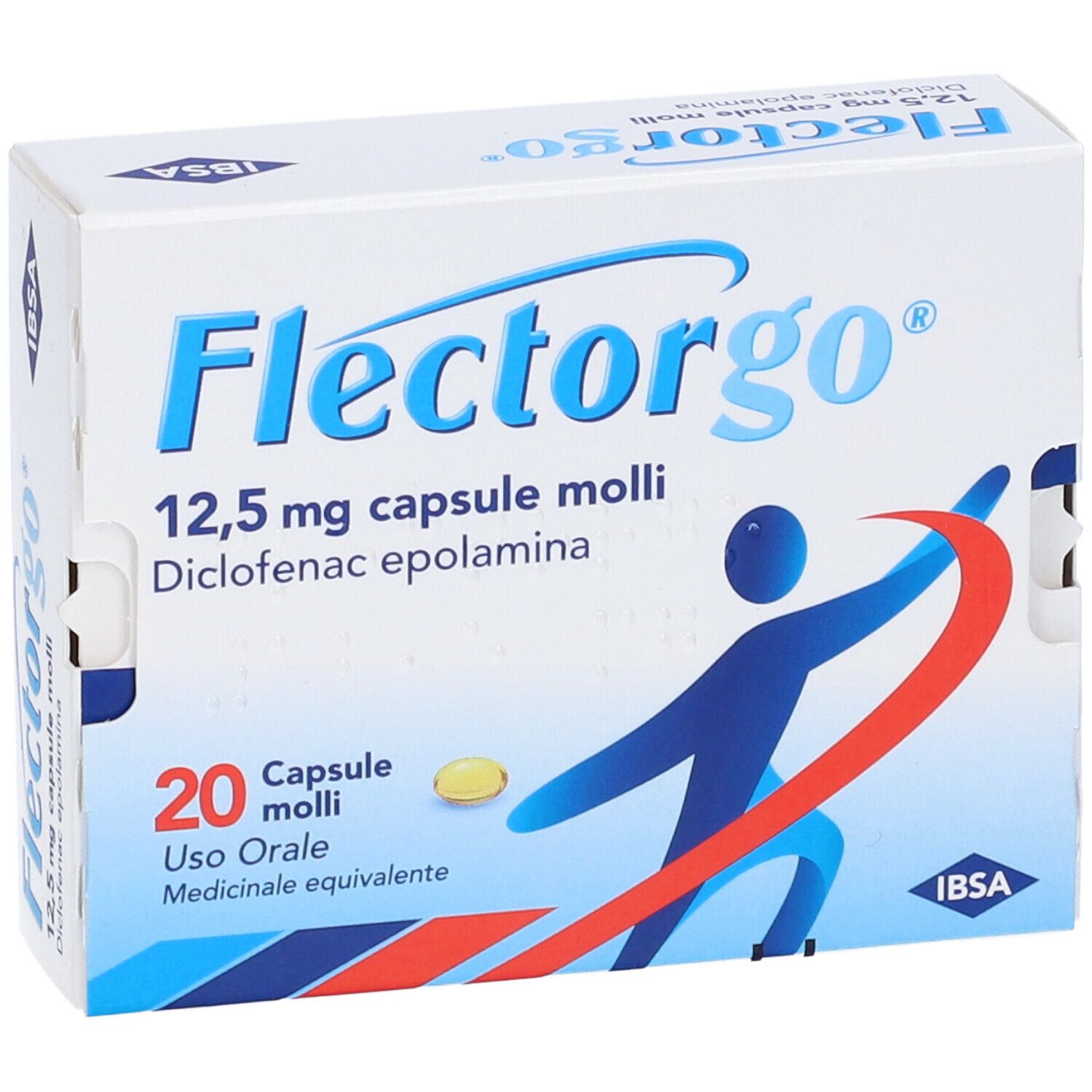 Scatola bianca con logo FLECTORGO e testo. Contiene 20 capsule. 12,5 mg capsule molli. Diclofenac epolamina.
