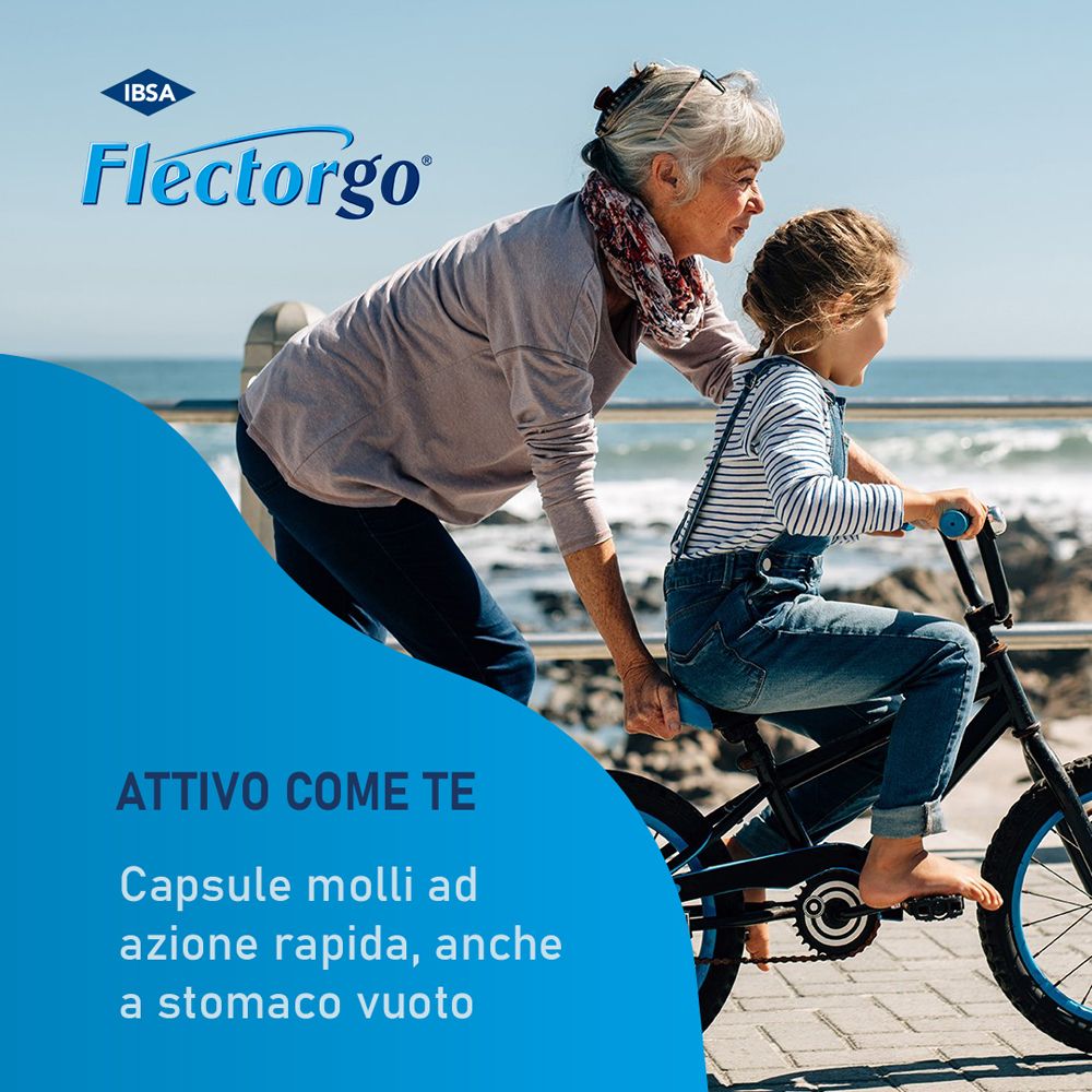 Una donna aiuta una bambina ad andare in bicicletta. Testo: ATTIVO COME TE, Capsule molli ad azione rapida, anche a stomaco vuoto.